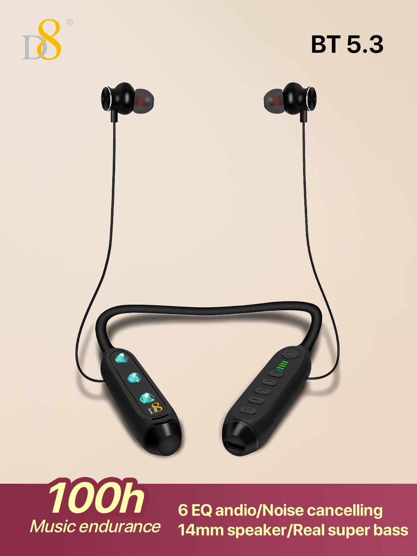 D8 Around The Neck Headphones ,100 Hours Extra Long Playback with Microphone Headset, Balanced Armature Drivers Stereo in Ear Wireless Headphones, Waterproof Workout Magnetic Neckband Earphone D8 Wireless Headphones Around Neck with Mic Long Battery Life