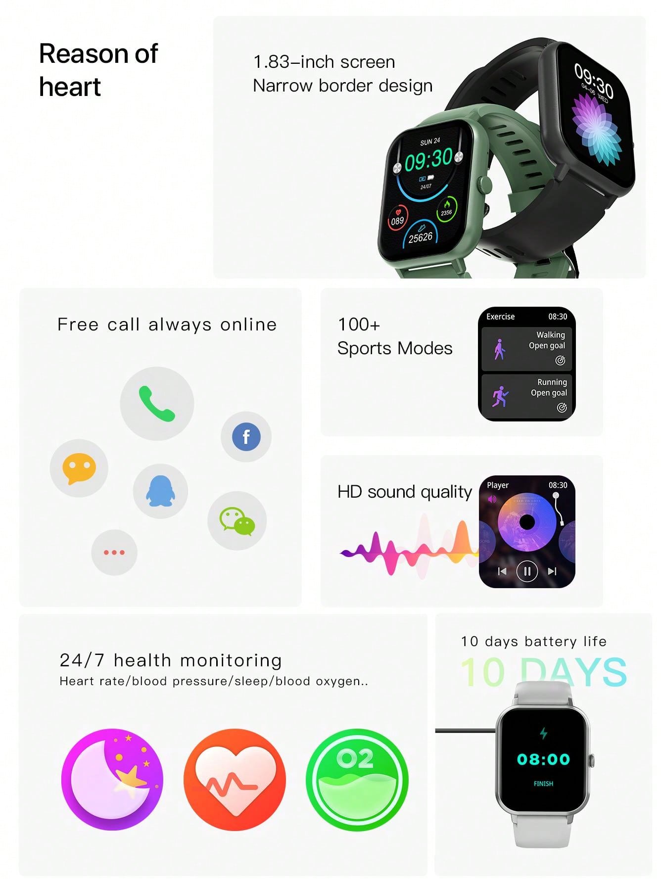 D8 Women's Smartwatch, 1.83" Touchscreen, Waterproof, 100+ Sports Modes