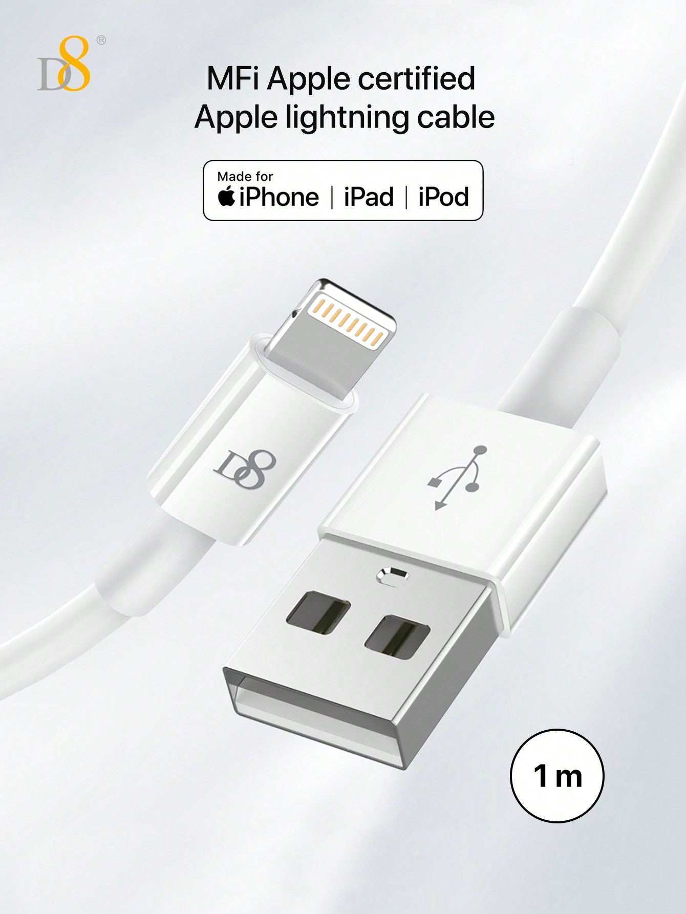 D8 USB A to Lightning Cable 2.4A Fast Charging (MFi Certified, 2-Pack)