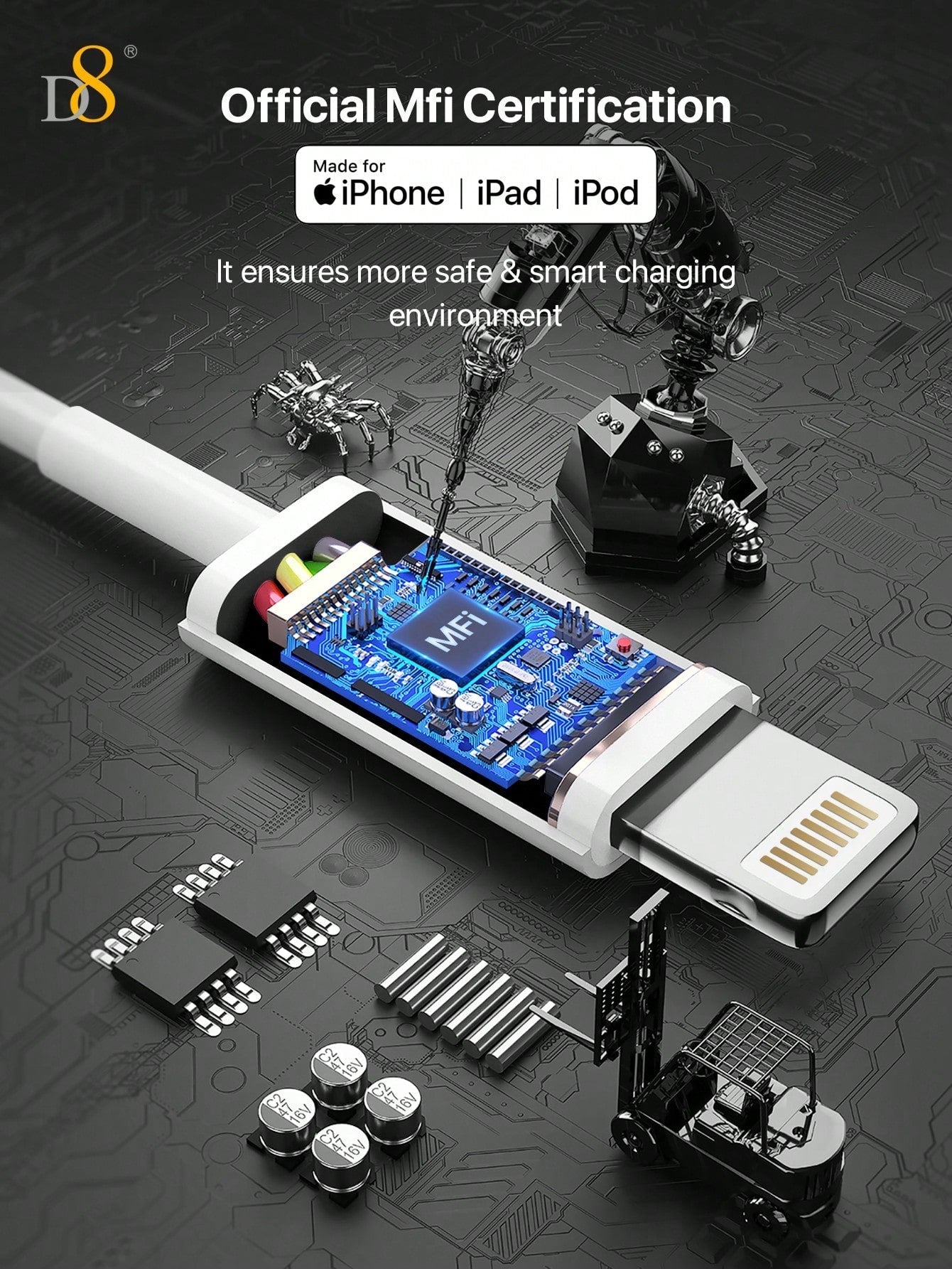 D8 USB A to Lightning Cable 2.4A Fast Charging (MFi Certified, 2-Pack)