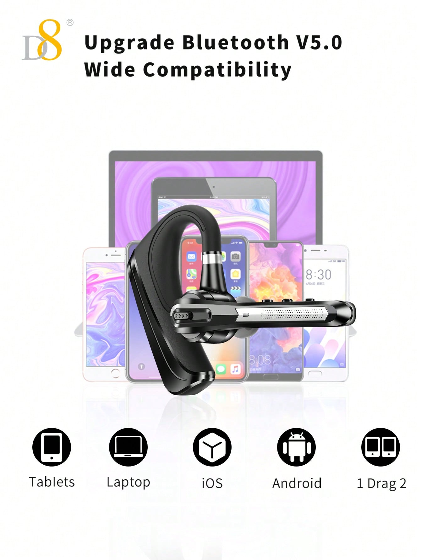 D8 TWS Noise-Canceling Wireless Earbuds, 16H Playtime, LED, Mic, Android/iOS