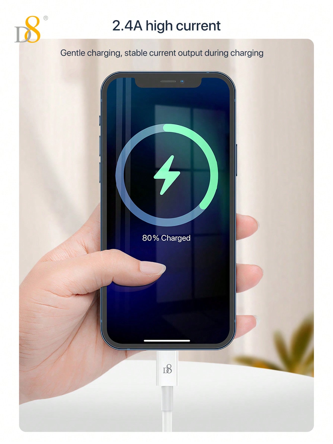 D8 iPhone Charger Cable (0.25M, USB A to Lightning, MFi Certified, 2.4A Fast Charging)