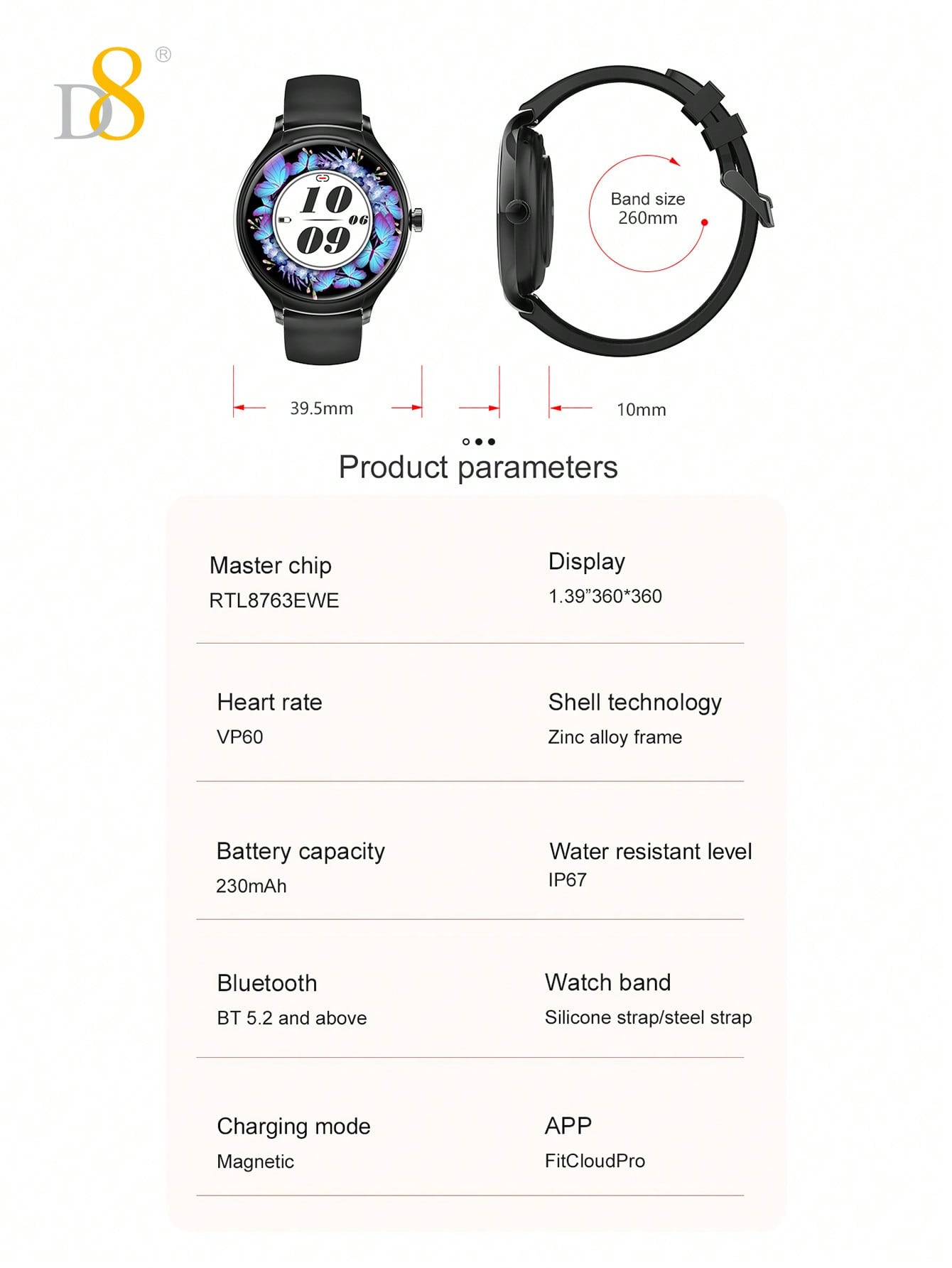 D8 Women's Smartwatch, 1.39" Touchscreen, Waterproof, 100+ Sports Modes