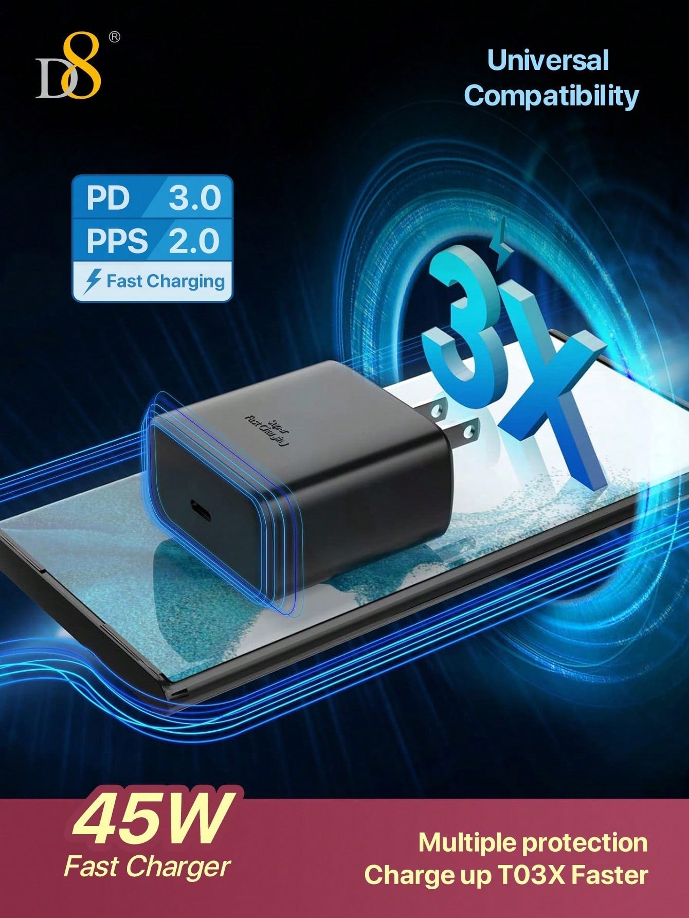 D8 45W USB-C Super Fast Charger, Wall Block for Galaxy/iPhone/Pixel/Tab