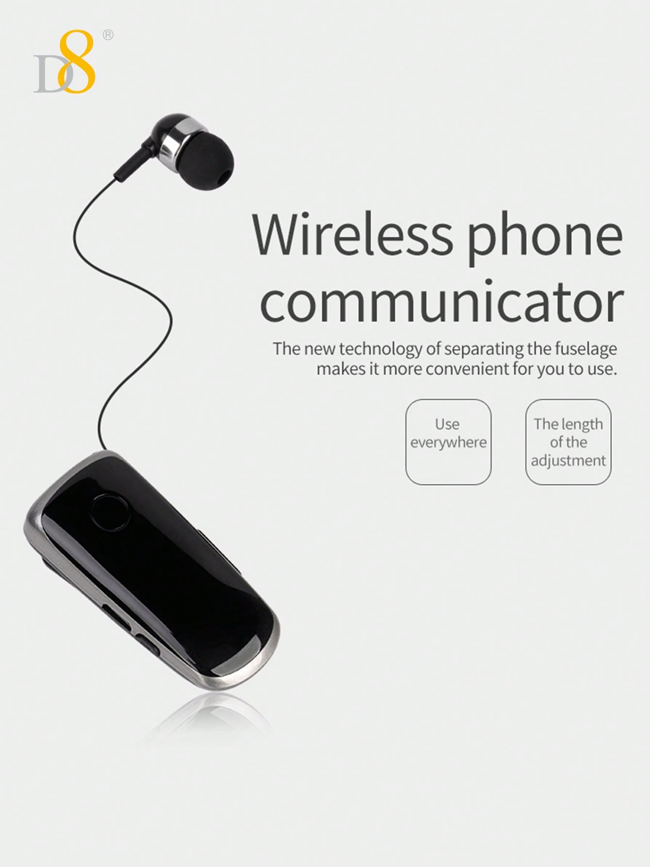 D8 Retractable Wireless Headset, V5.0 Noise-Canceling Clip-On Earbud, 10H Talk