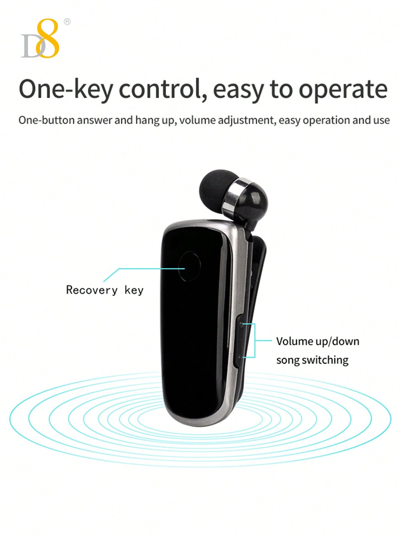 D8 Retractable Wireless Headset, V5.0 Noise-Canceling Clip-On Earbud, 10H Talk