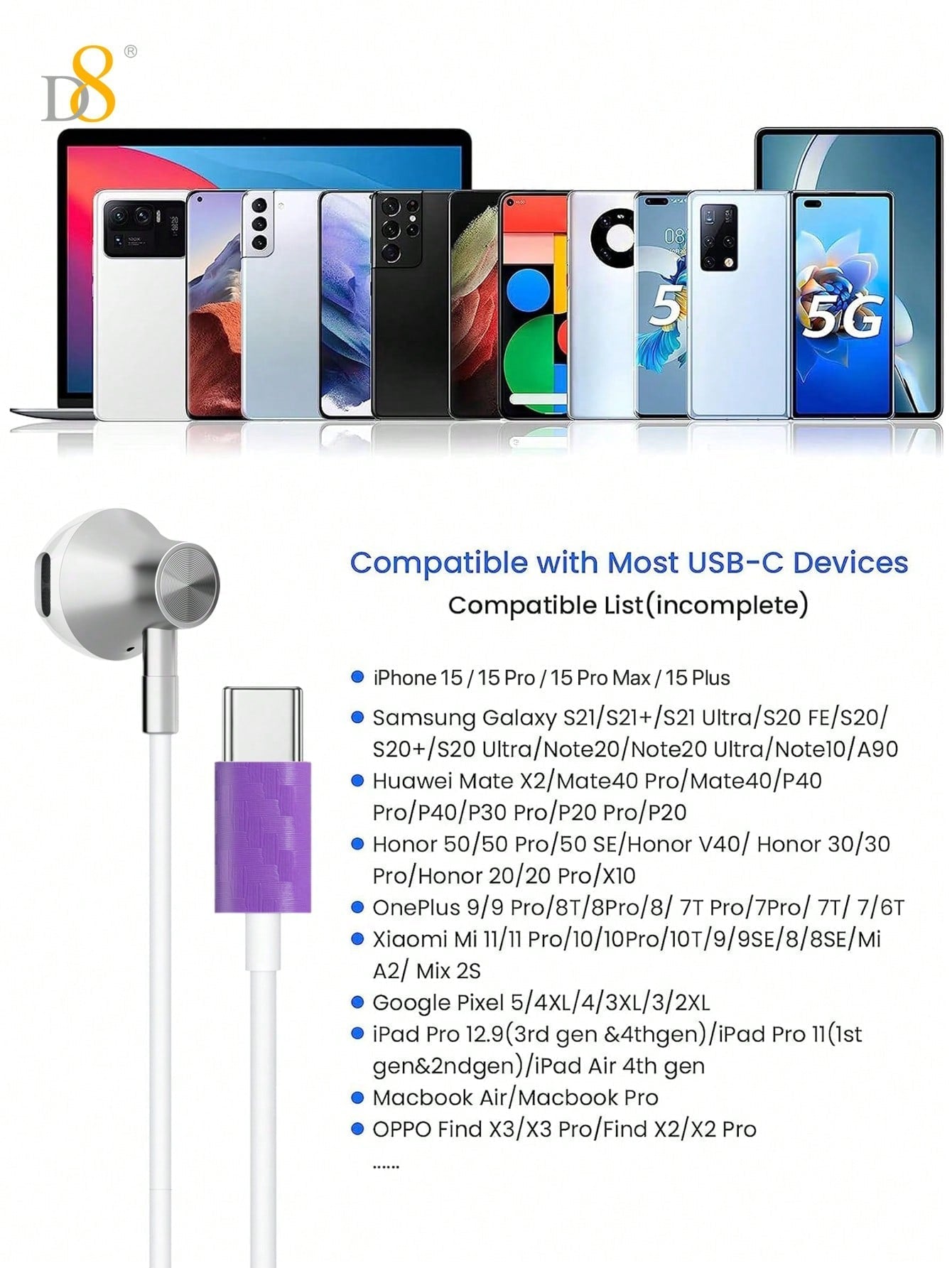 D8 Type C Headphones with Mic & Volume Control - In-Ear Earphones for iPhone 16 Pro, Galaxy S23, iPad, and More