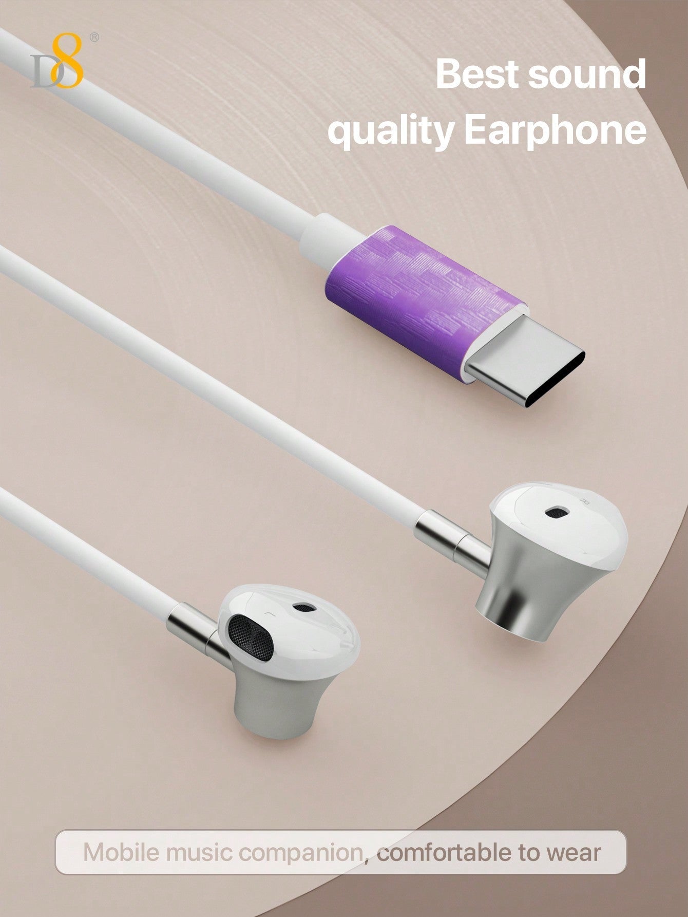 D8 Type C Headphones with Mic & Volume Control - In-Ear Earphones for iPhone 16 Pro, Galaxy S23, iPad, and More