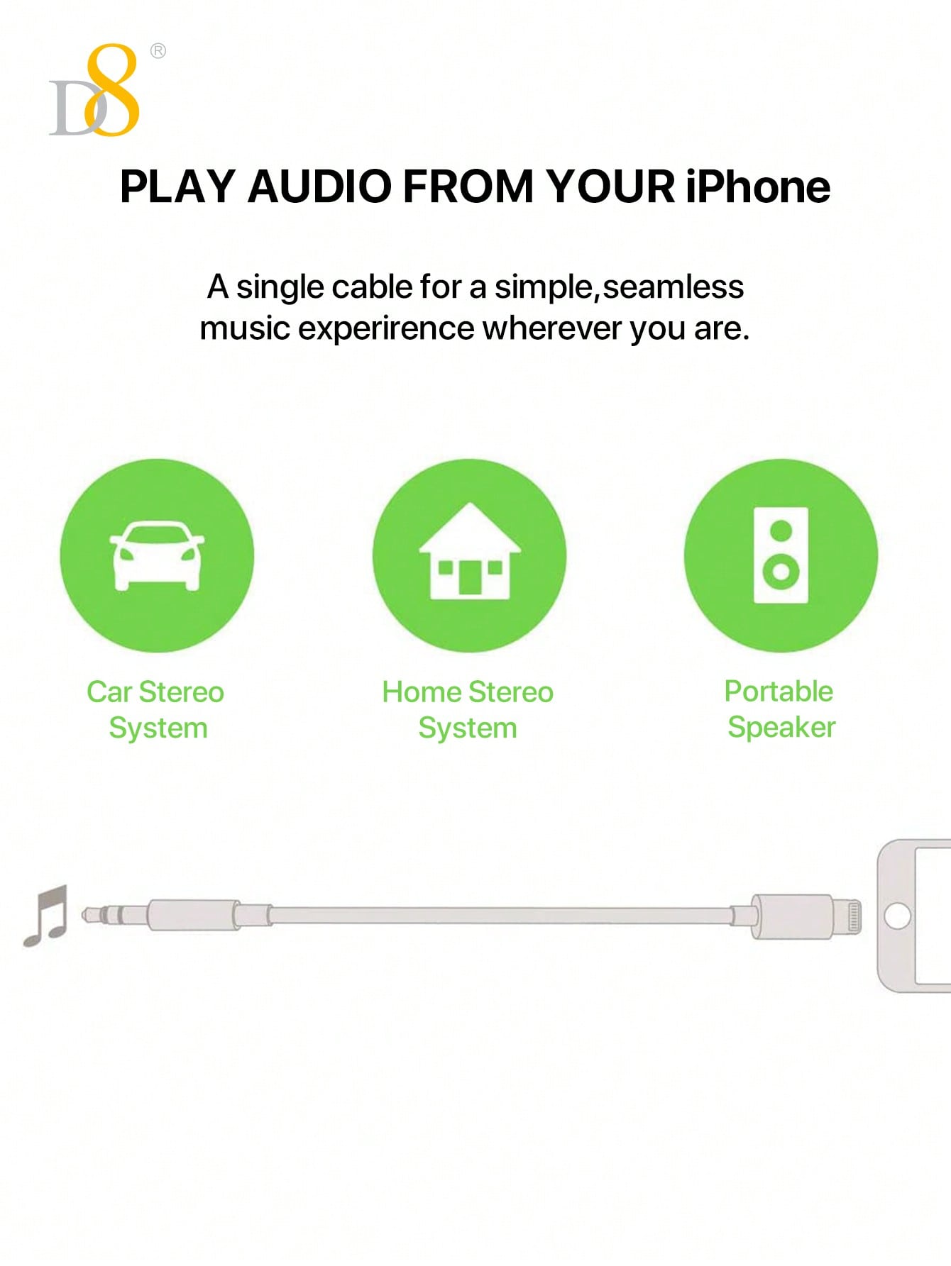 D8 iPhone AUX Cord, Lightning to 1/8" Stereo Cable, 3.3FT for iPhone Models