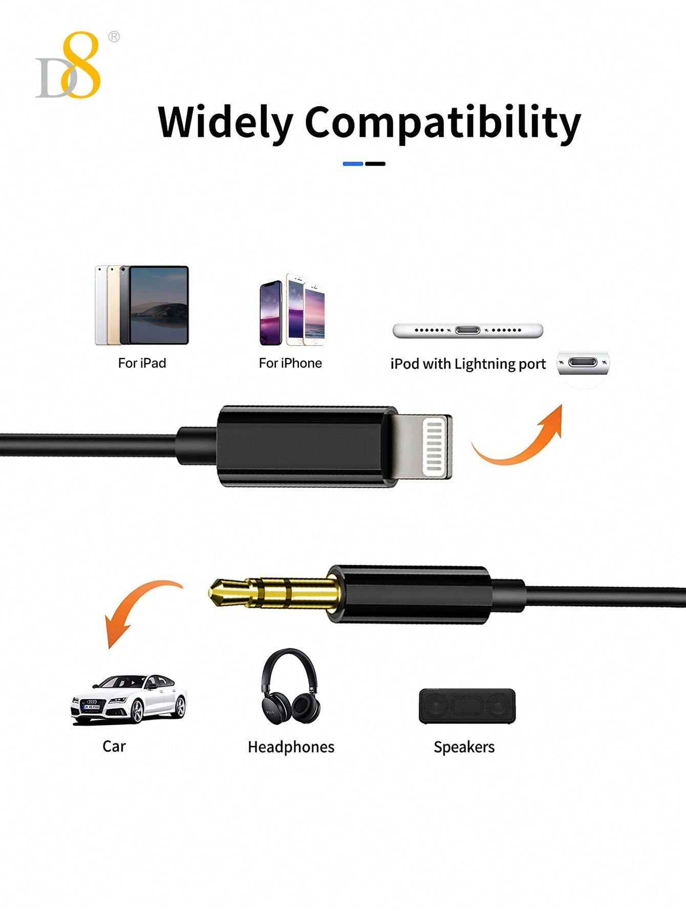 D8 iPhone AUX Cord, Lightning to 1/8" Stereo Cable, 3.3FT for iPhone Models