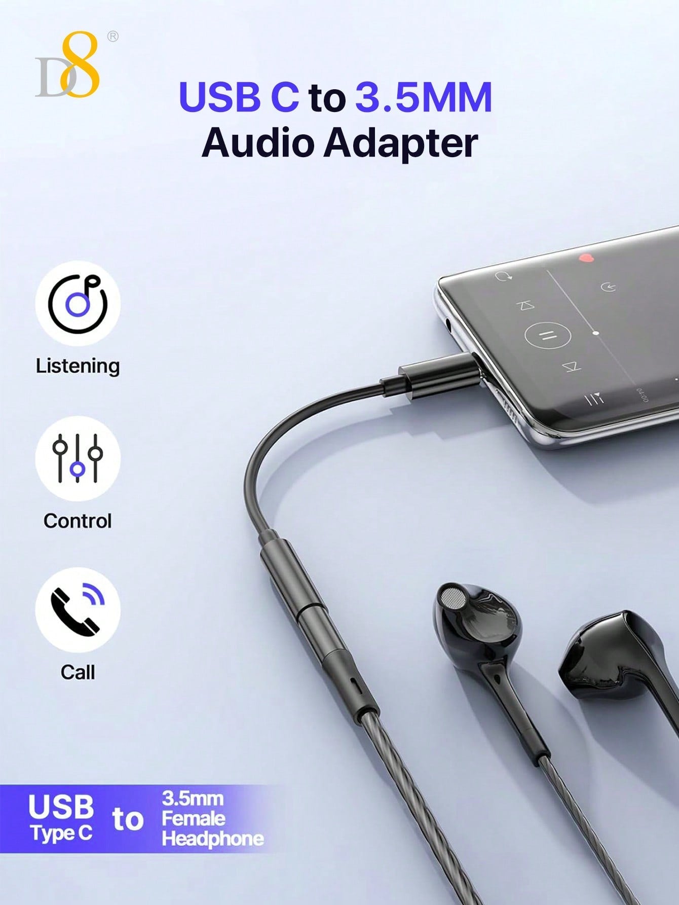 D8 USB-C to 3.5mm Adapter, Aux Dongle for iPhone 16/Galaxy/iPad/Pixel 8