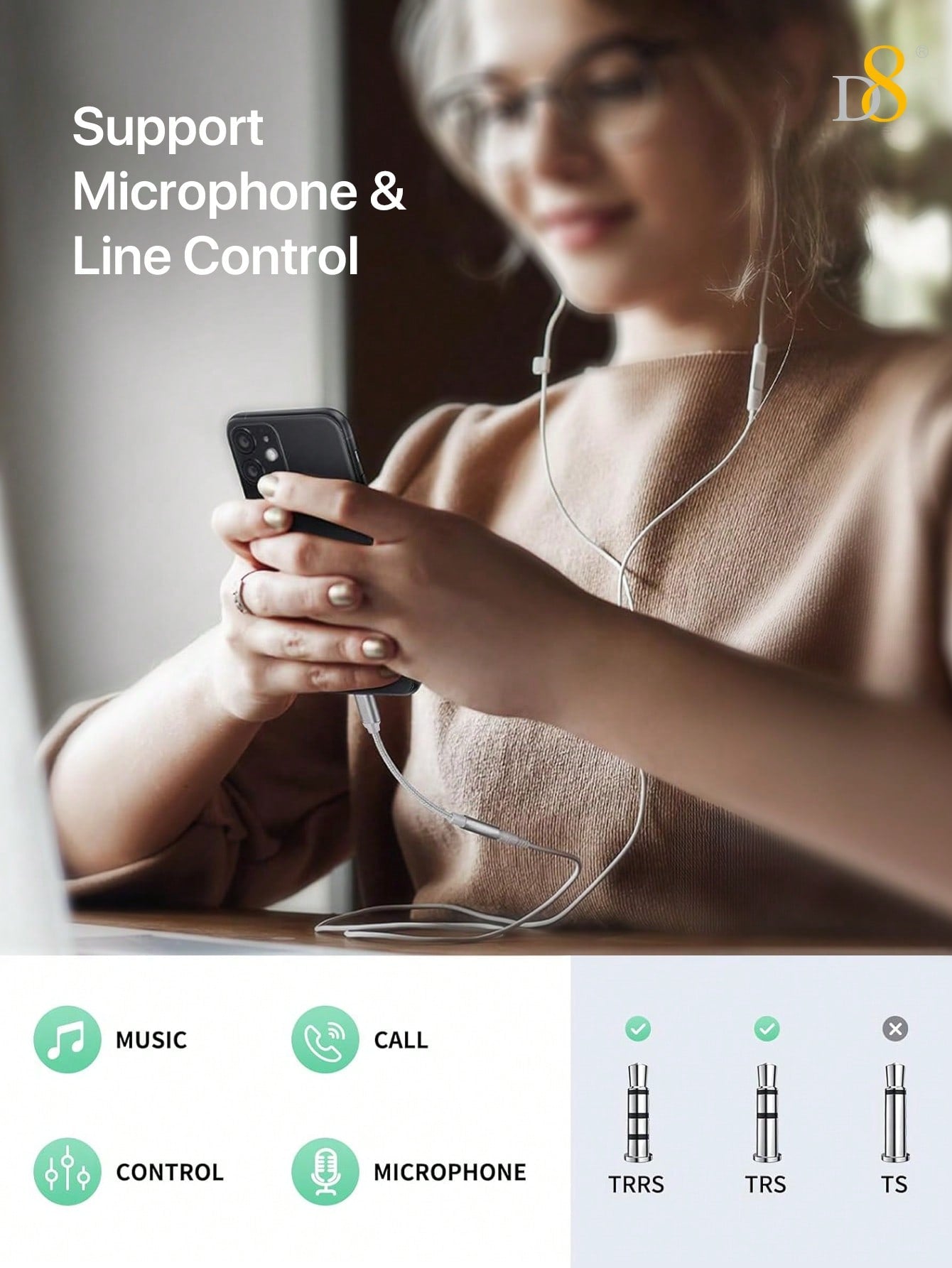 D8 MFi Certified Lightning to 3.5mm Headphone Adapter, iPhone Aux Dongle