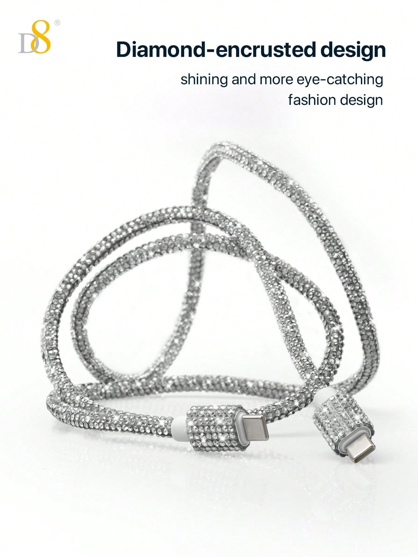 D8 USB-C Cable, 3.3FT 60W Fast Charge, Rhinestone Design for iPhone/Samsung