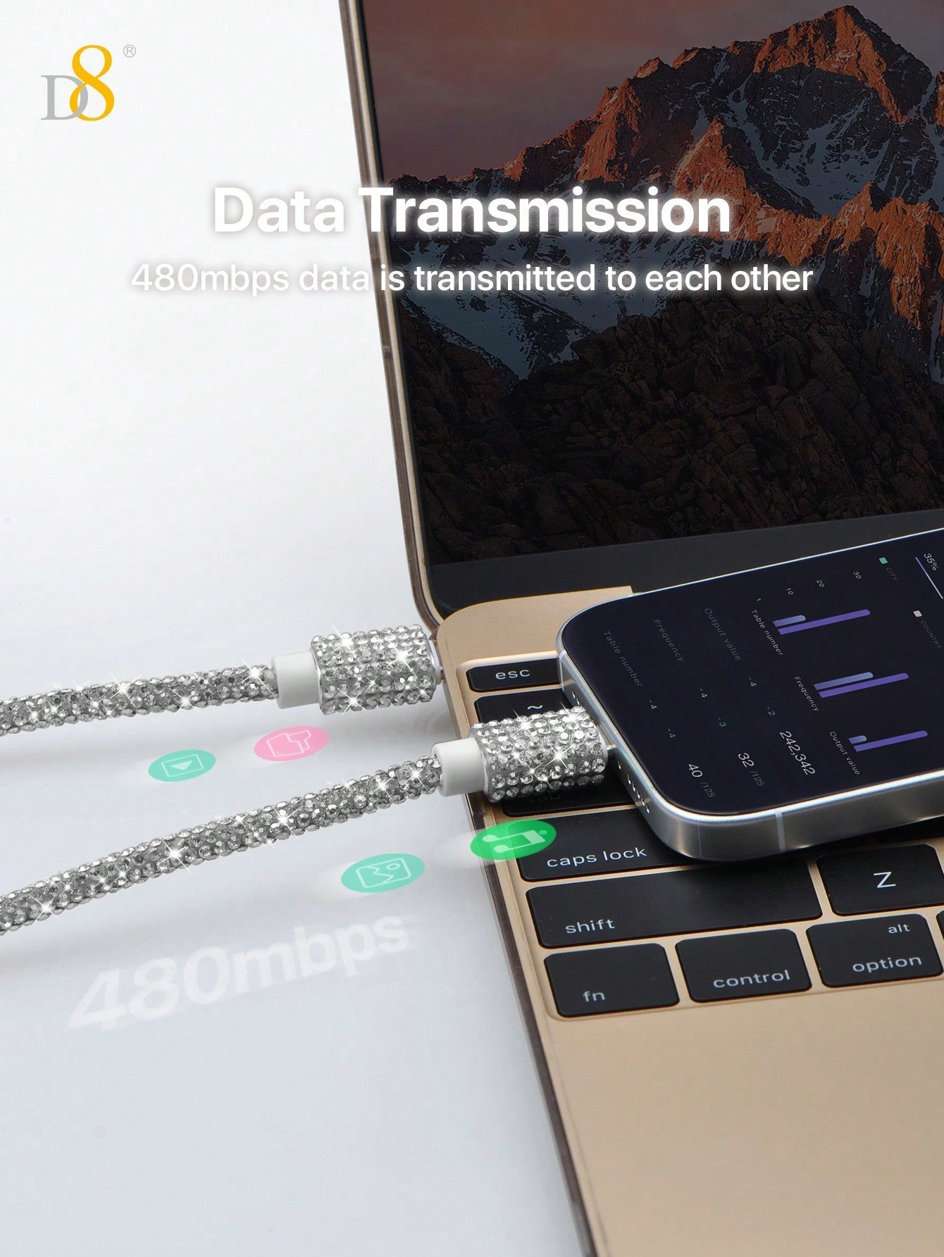 D8 USB-C Cable, 3.3FT 60W Fast Charge, Rhinestone Design for iPhone/Samsung