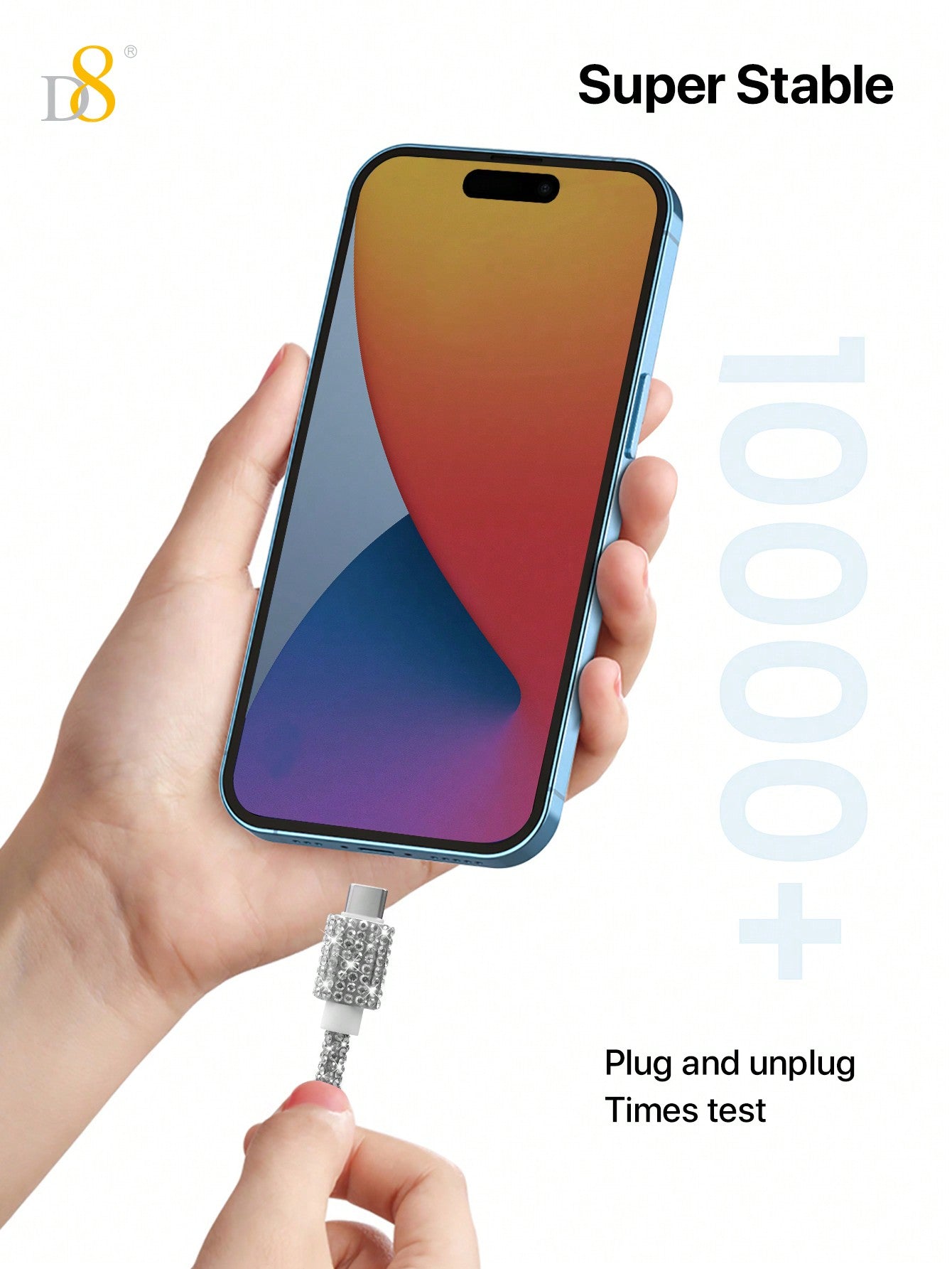 D8 USB-C Cable, 3.3FT 60W Fast Charge, Rhinestone Design for iPhone/Samsung