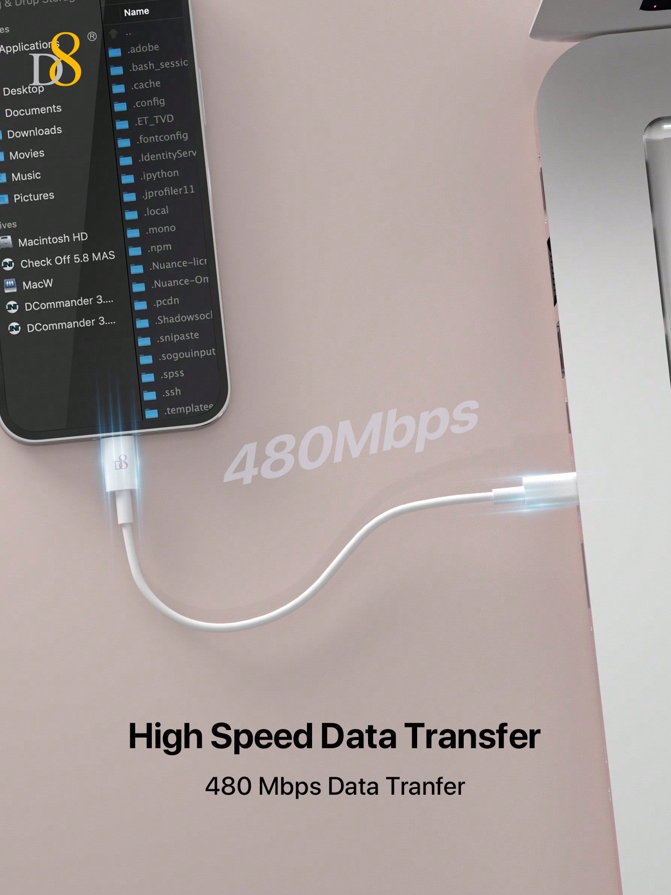D8 USB-C to USB-C Cable (0.83ft, 60W/3A) Fast Charging Cable for iPhone 16, 15, iPad Pro, Galaxy & More
