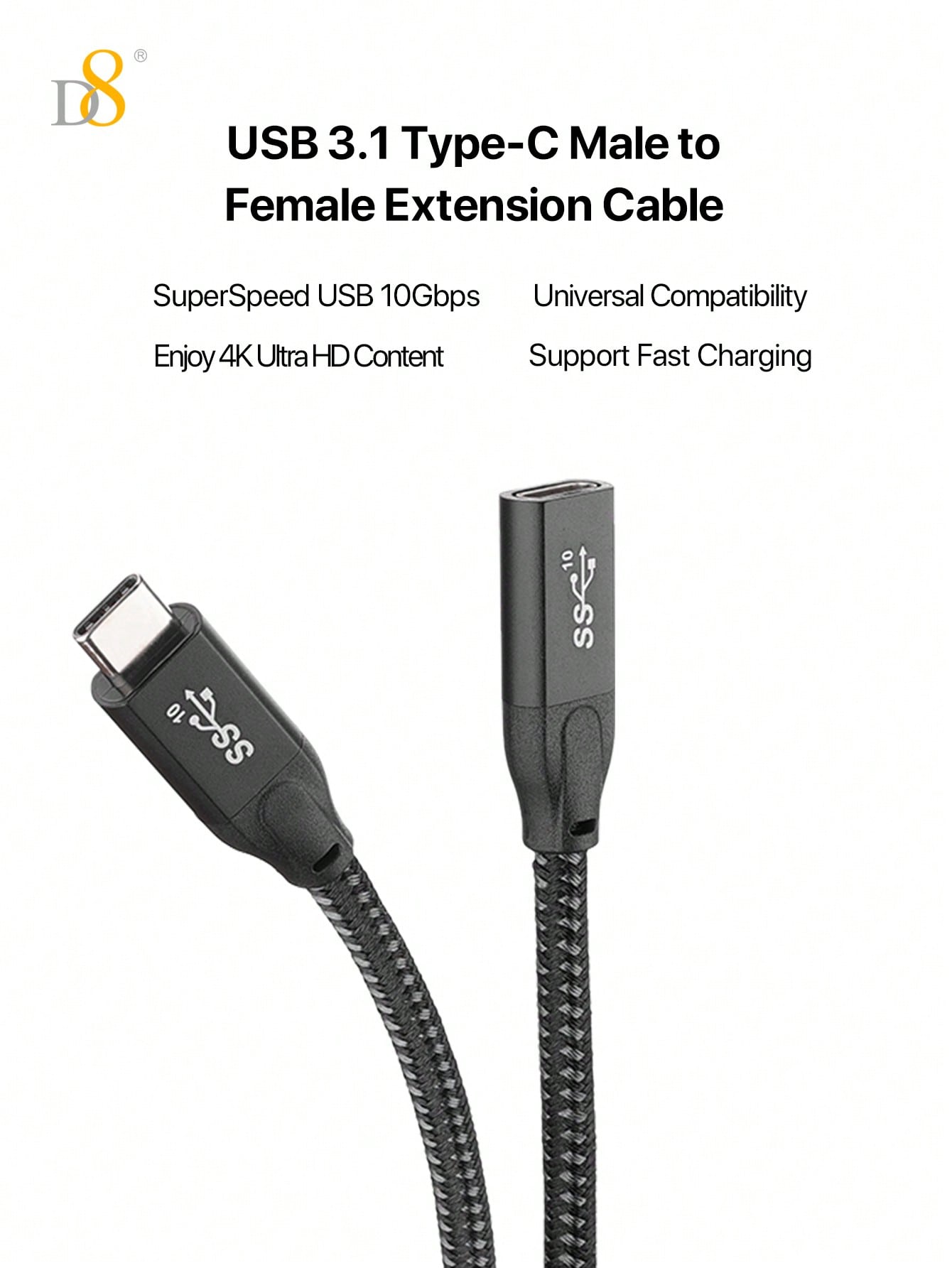 D8 USB 3.1 Type-C Male to Female Extension Cable – 10Gbps SuperSpeed, 4K HD Support, Compatible with iPhone 16 & iPad Pro
