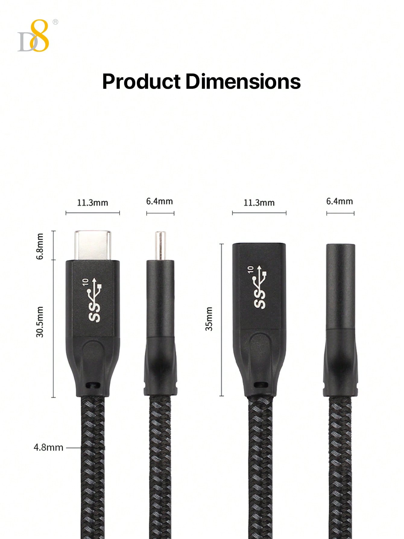 D8 USB 3.1 Type-C Male to Female Extension Cable – 10Gbps SuperSpeed, 4K HD Support, Compatible with iPhone 16 & iPad Pro
