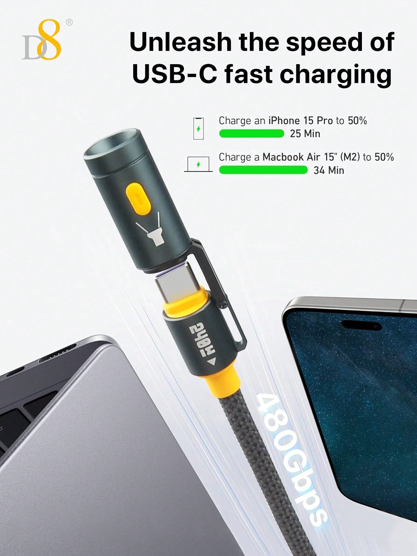 D8 240W All-In-1 Portable Charging Cable, USB C to USB C, LED Lighting & Precision Heating Element