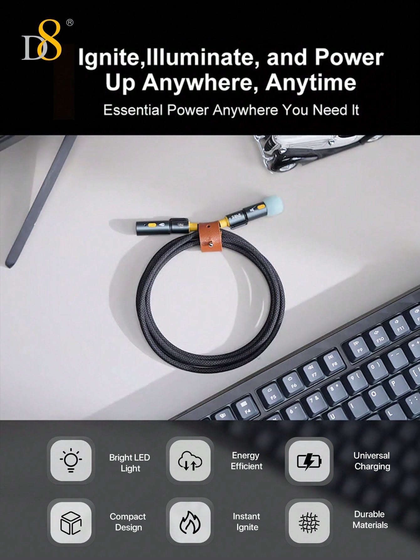 D8 240W All-In-1 Portable Charging Cable, USB C to USB C, LED Lighting & Precision Heating Element