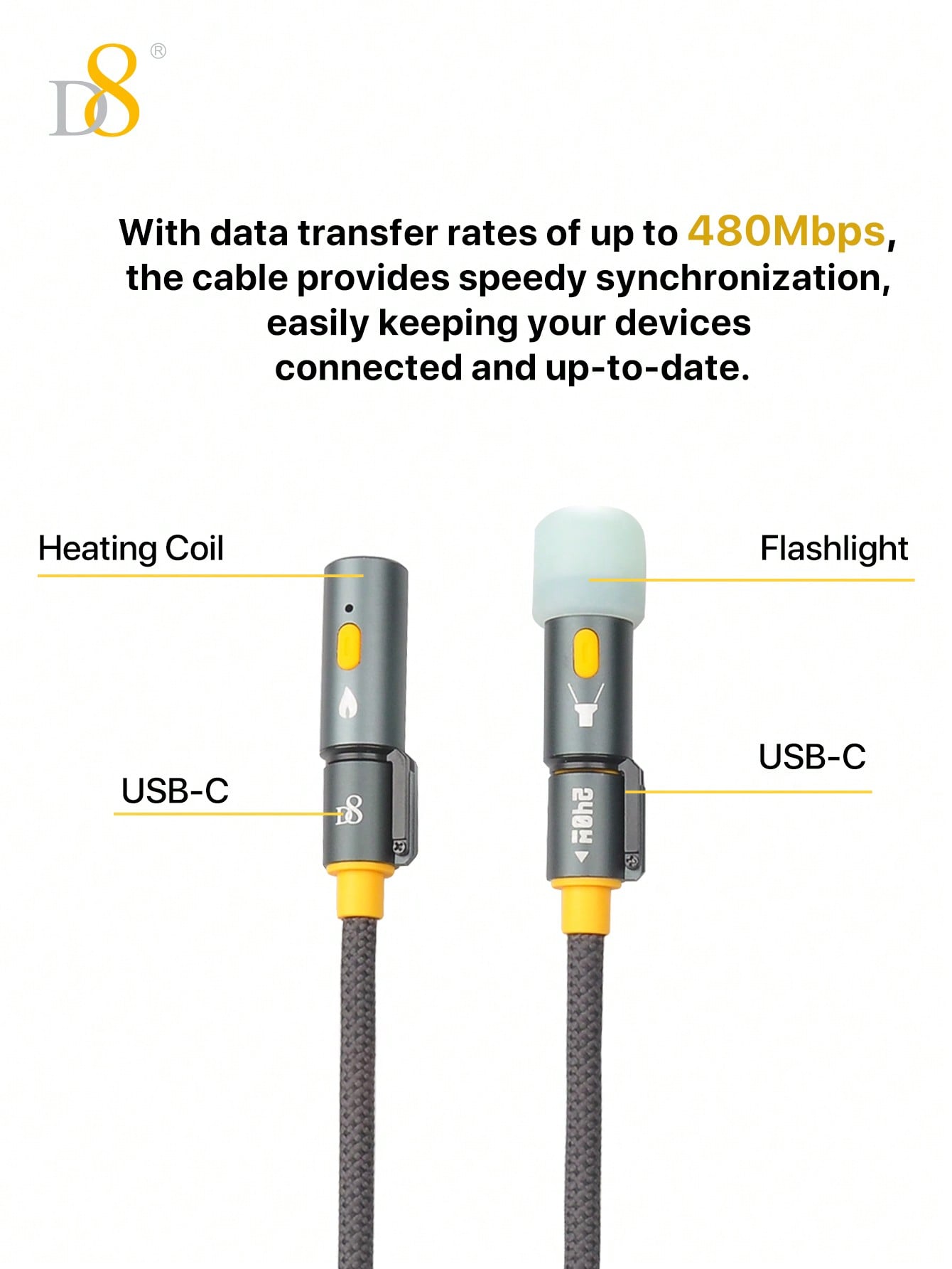 D8 240W All-In-1 Portable Charging Cable, USB C to USB C, LED Lighting & Precision Heating Element