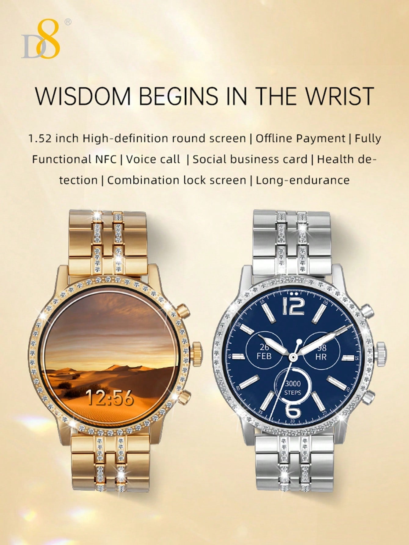 D8 Gold Smartwatch: 1.52” Touch Screen, Calls & Fitness Tracker