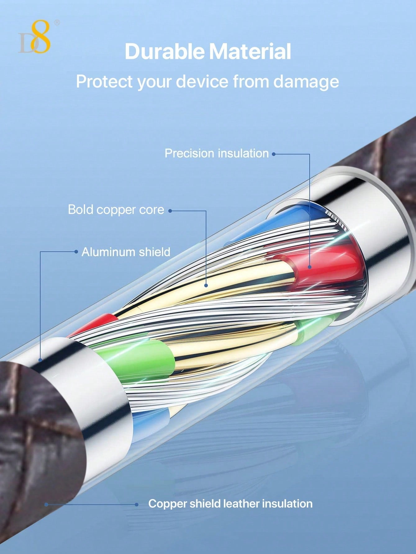 D8 Genuine Leather USB-C Cable, 60W/0.2m, USB-A to Type-C for iPhone/Galaxy