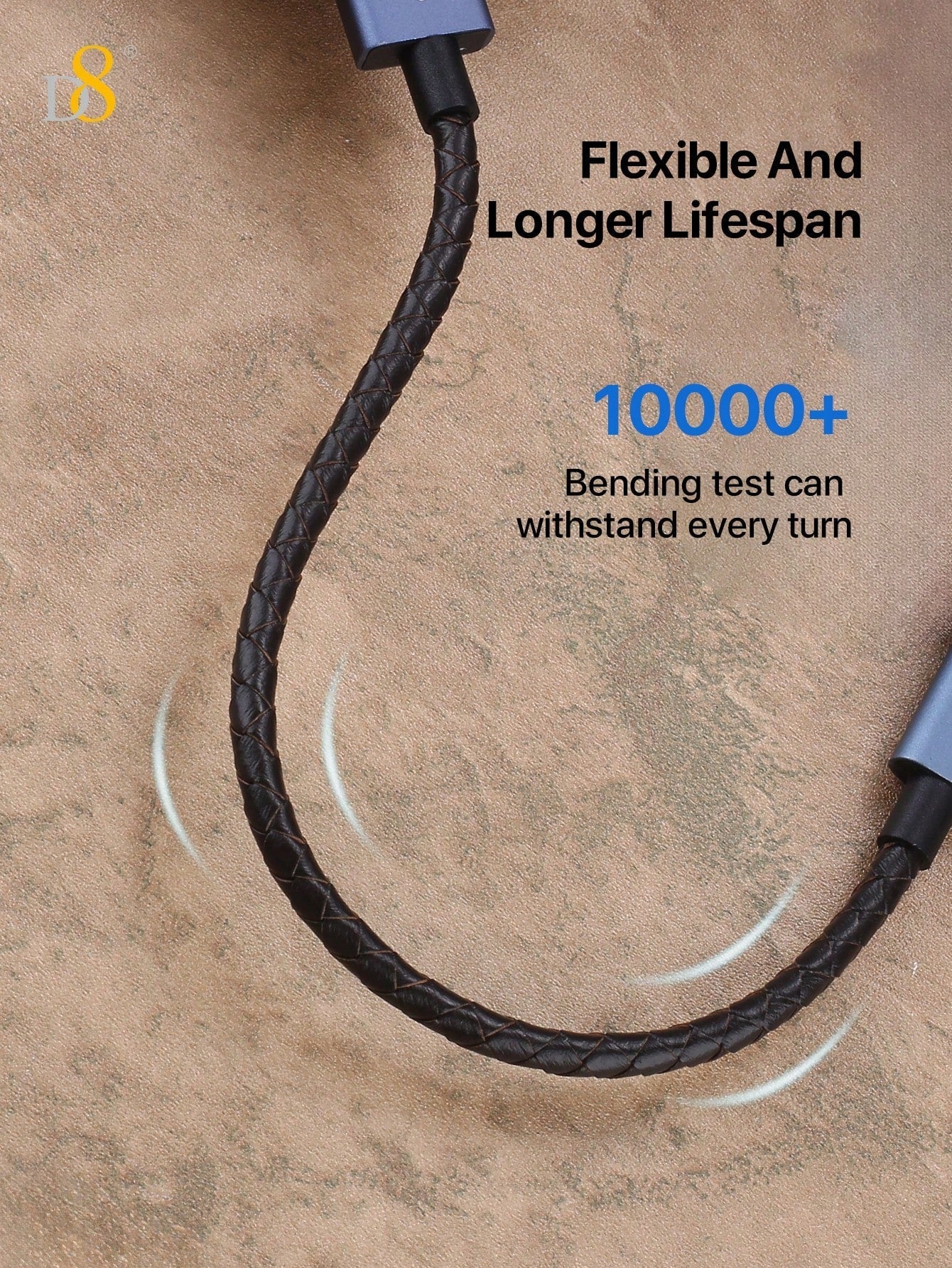 D8 Genuine Leather USB-C Cable, 60W/0.2m, USB-A to Type-C for iPhone/Galaxy
