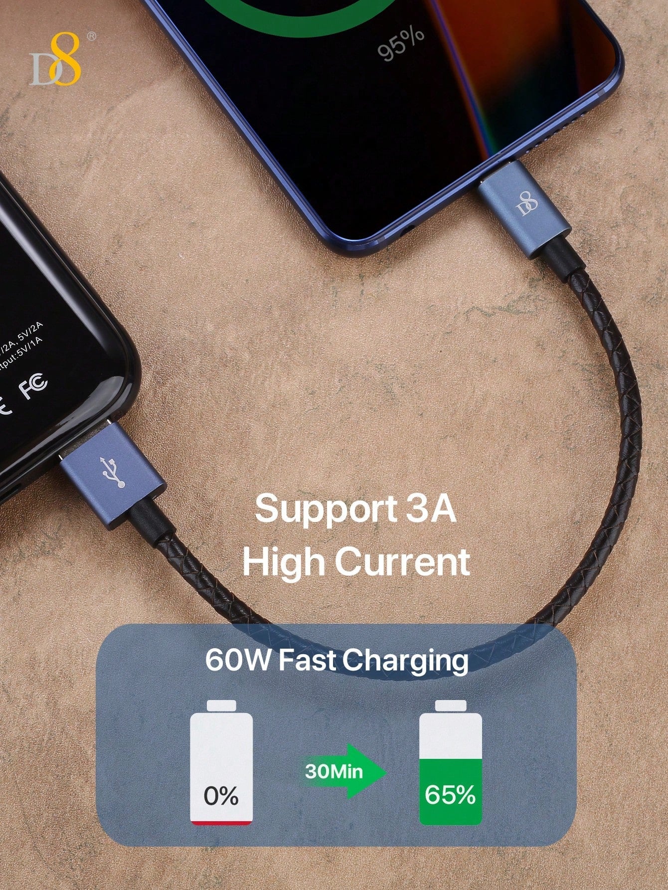 D8 Genuine Leather USB-C Cable, 60W/0.2m, USB-A to Type-C for iPhone/Galaxy
