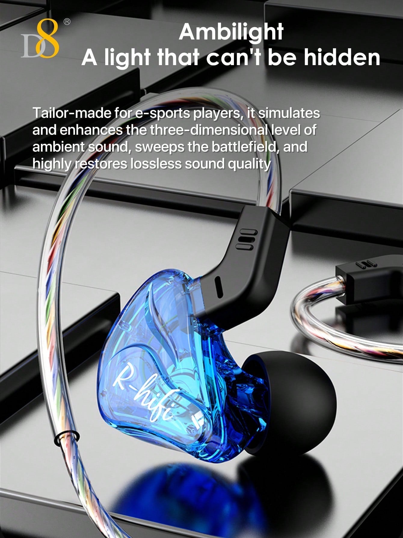 D8 USB-C Wired Earbuds, Mic, Controls, Sport Earhook, for iPhone/Galaxy/iPad
