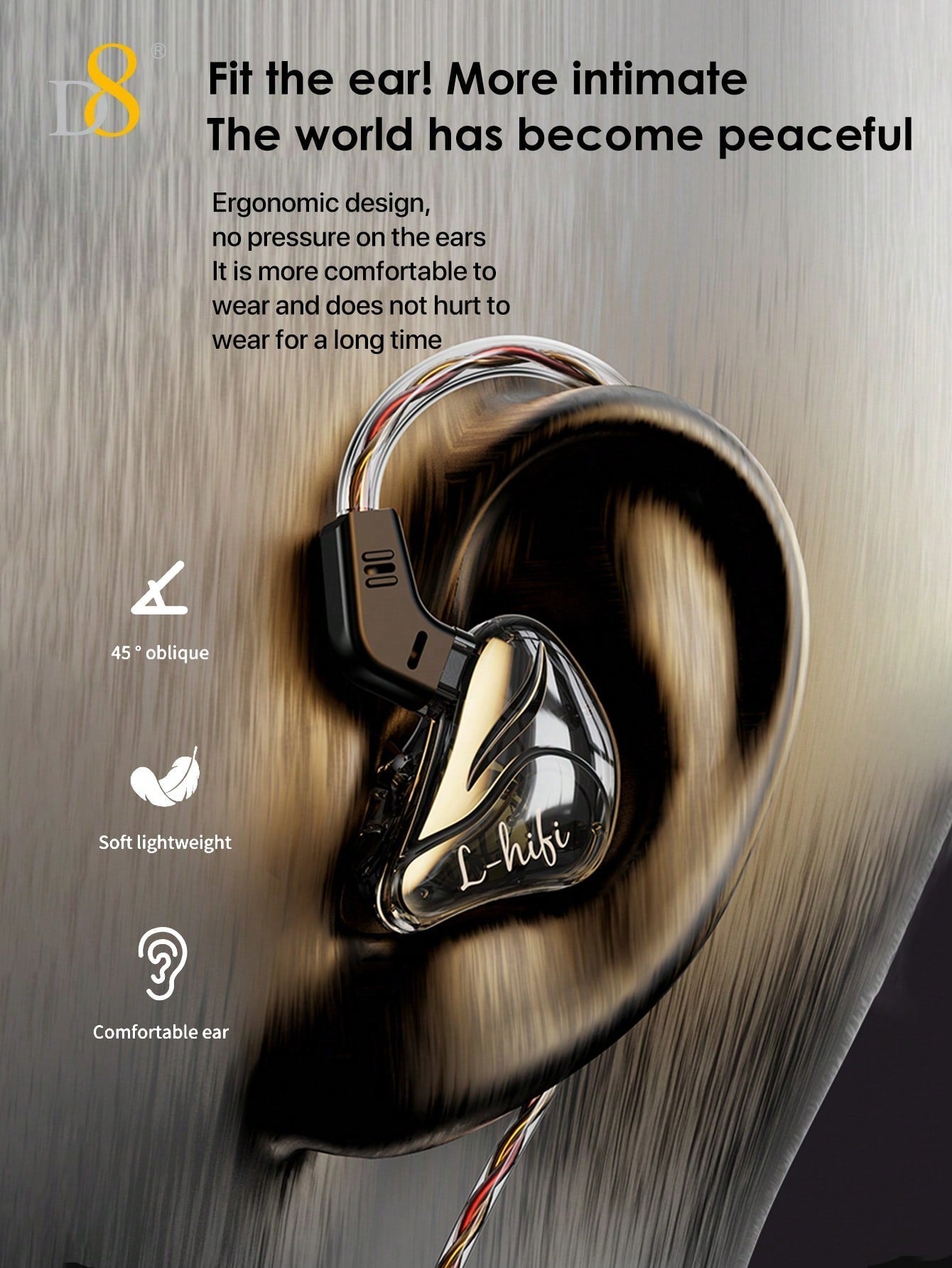 D8 USB-C Wired Earbuds, Mic, Controls, Sport Earhook, for iPhone/Galaxy/iPad