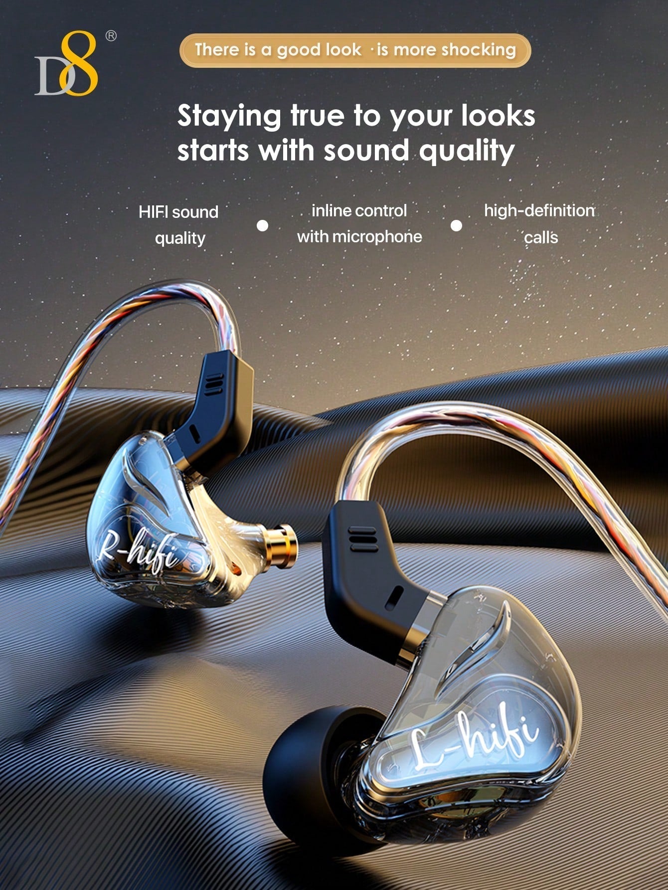 D8 USB-C Wired Earbuds, Mic, Controls, Sport Earhook, for iPhone/Galaxy/iPad