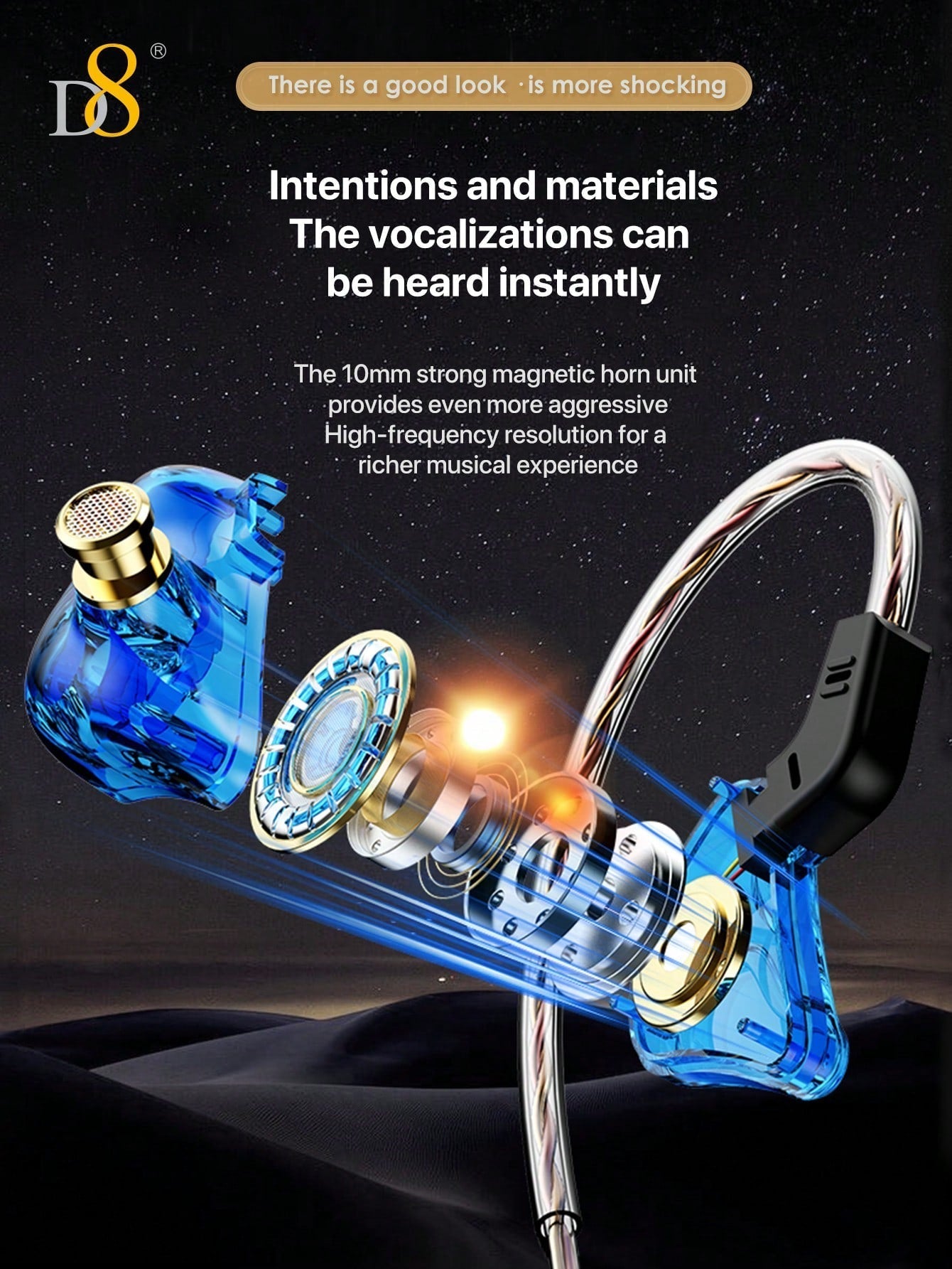 D8 USB-C Wired Earbuds, Mic, Controls, Sport Earhook, for iPhone/Galaxy/iPad