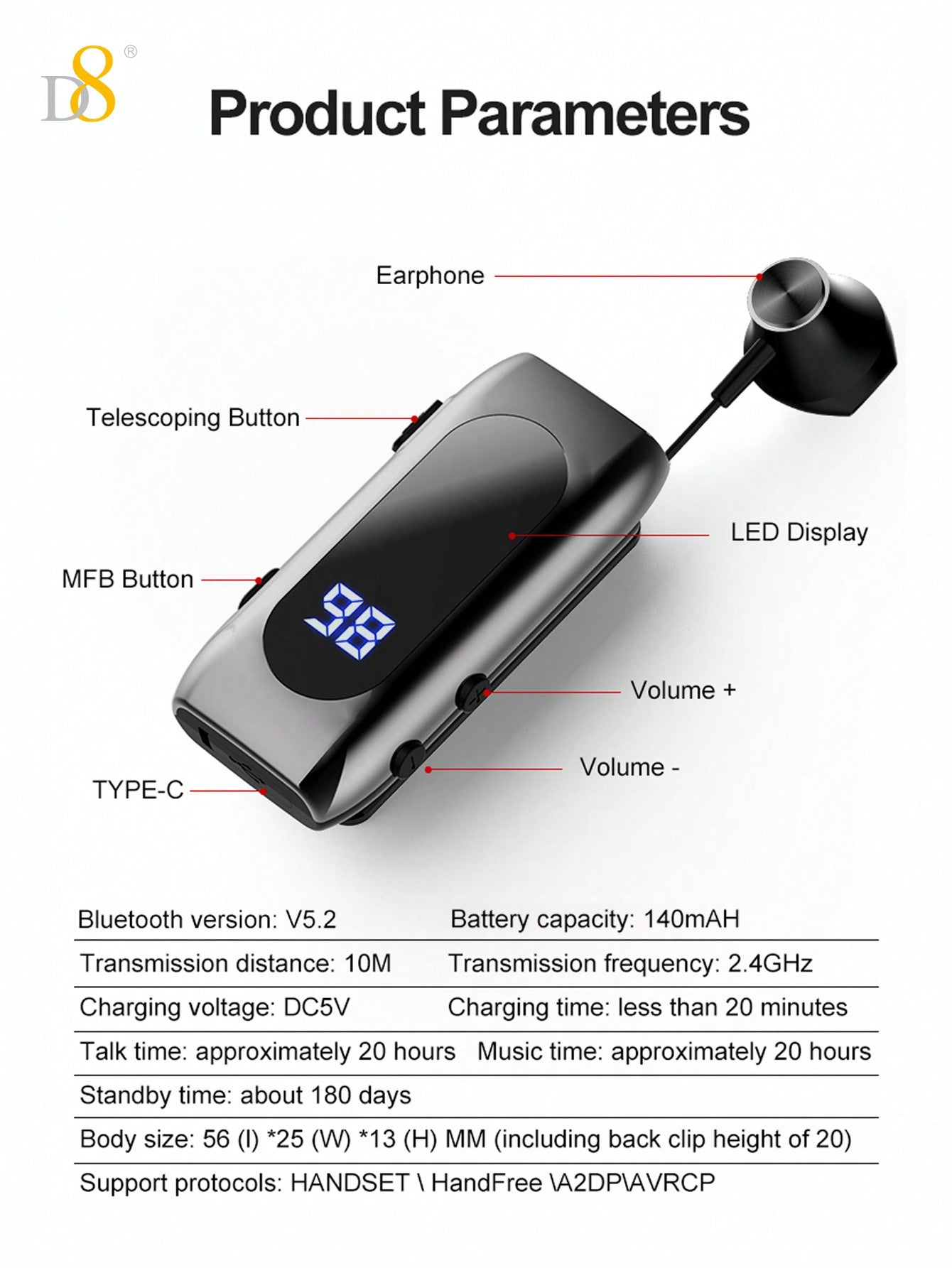 D8 Retractable Wireless Headset, LED Display, Noise-Canceling, 20H Talk