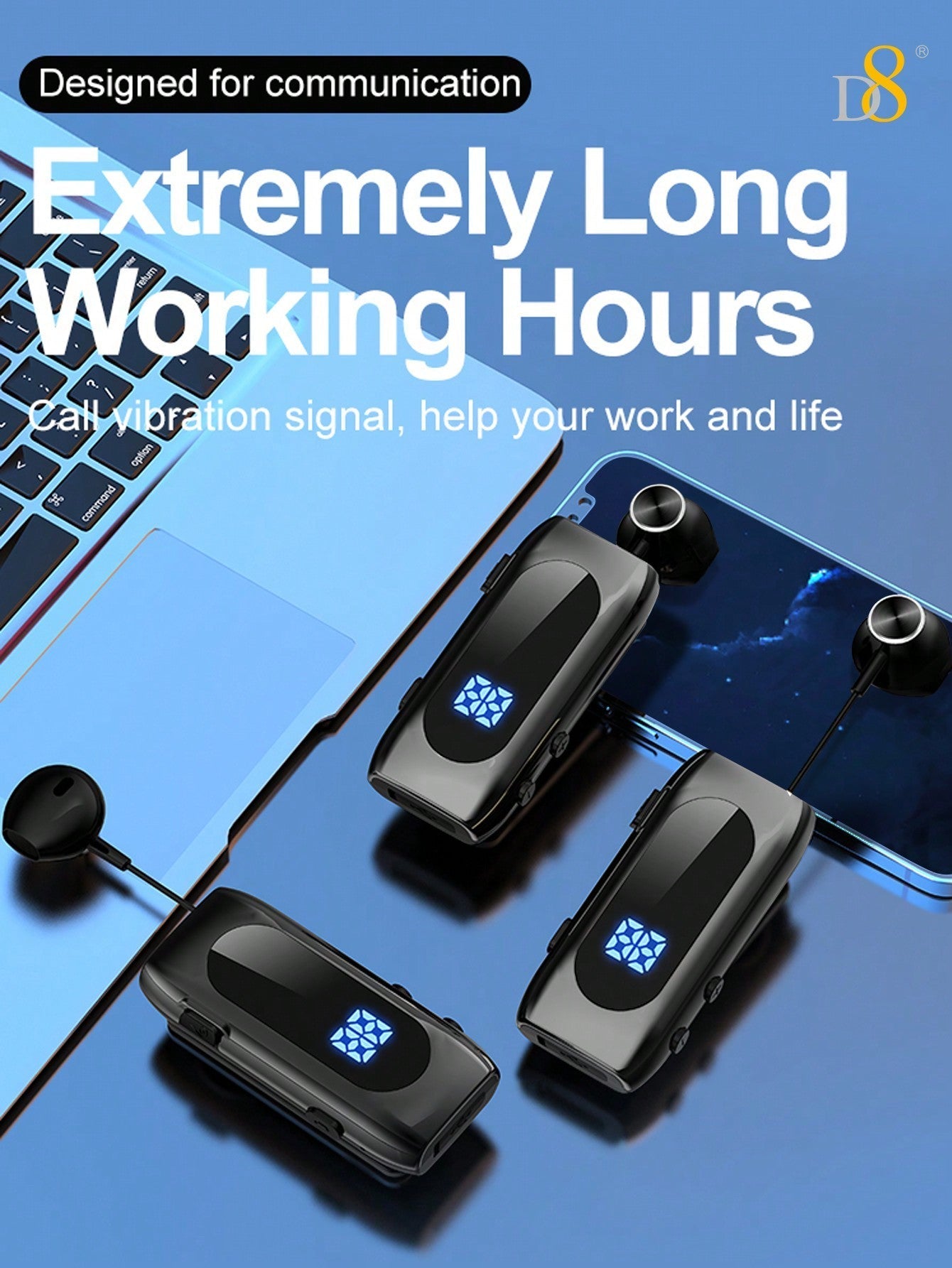 D8 Retractable Wireless Headset, LED Display, Noise-Canceling, 20H Talk