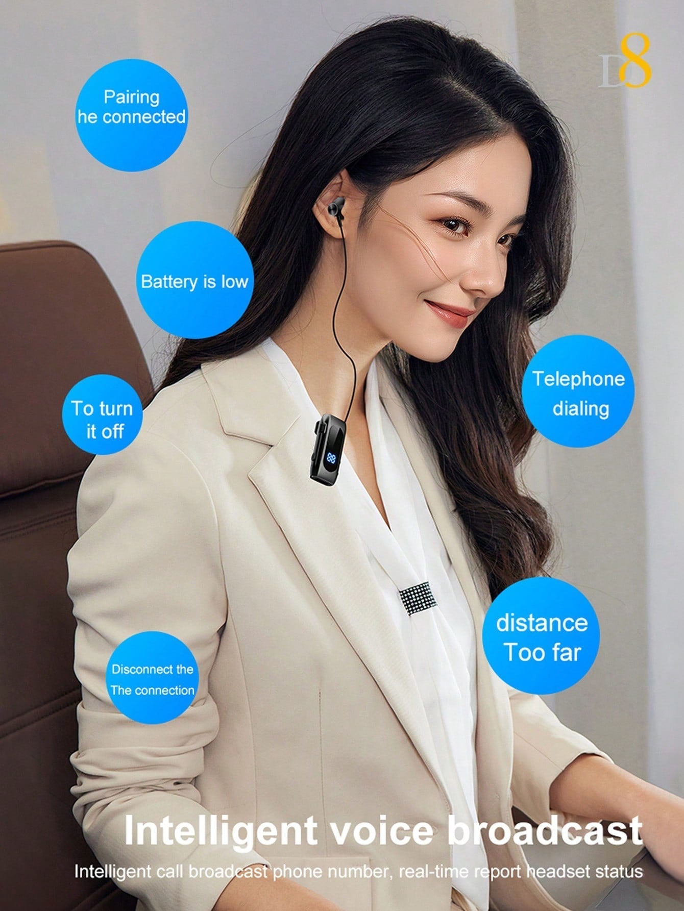 D8 Retractable Wireless Headset, LED Display, Noise-Canceling, 20H Talk