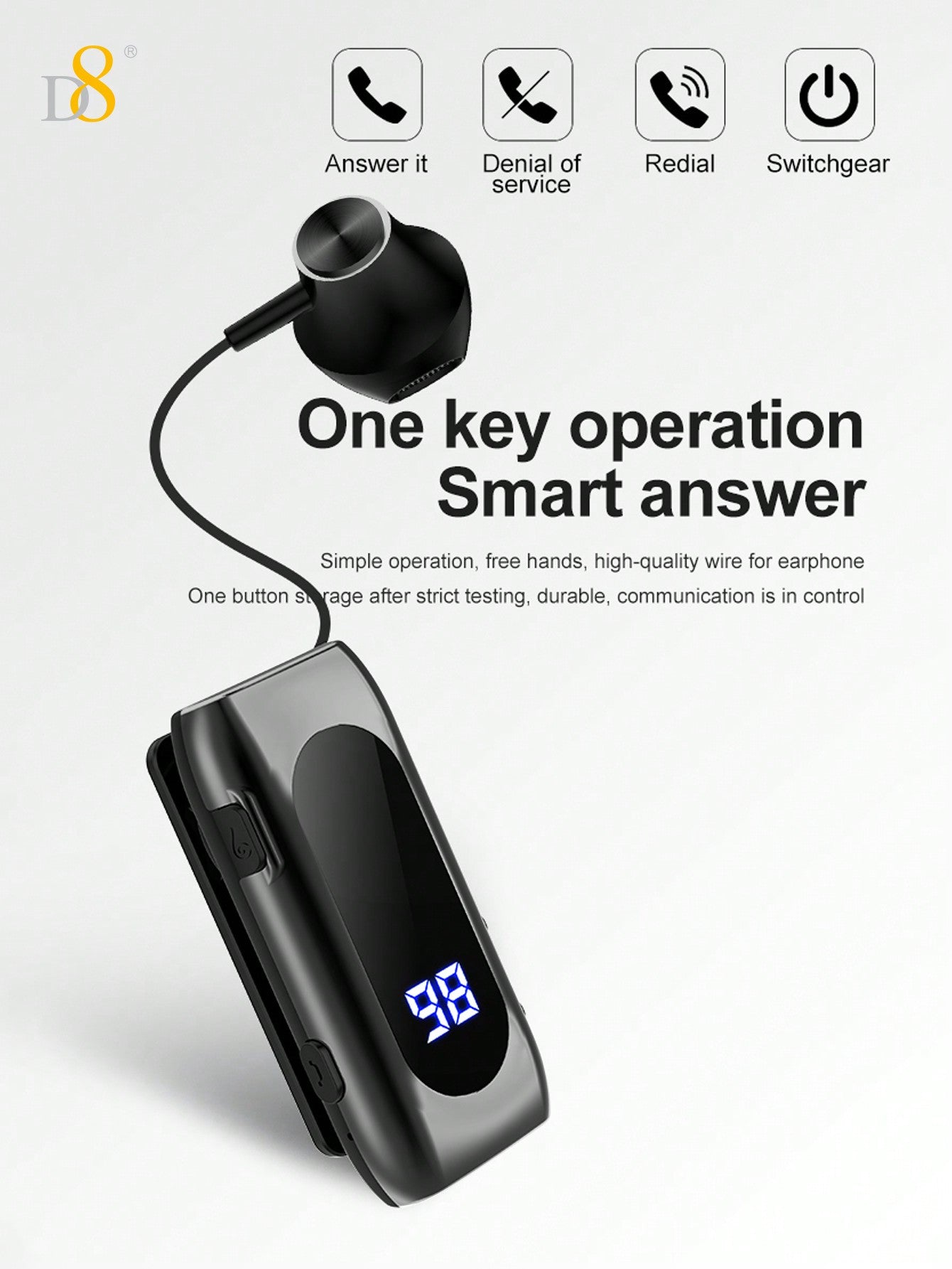 D8 Retractable Wireless Headset, LED Display, Noise-Canceling, 20H Talk