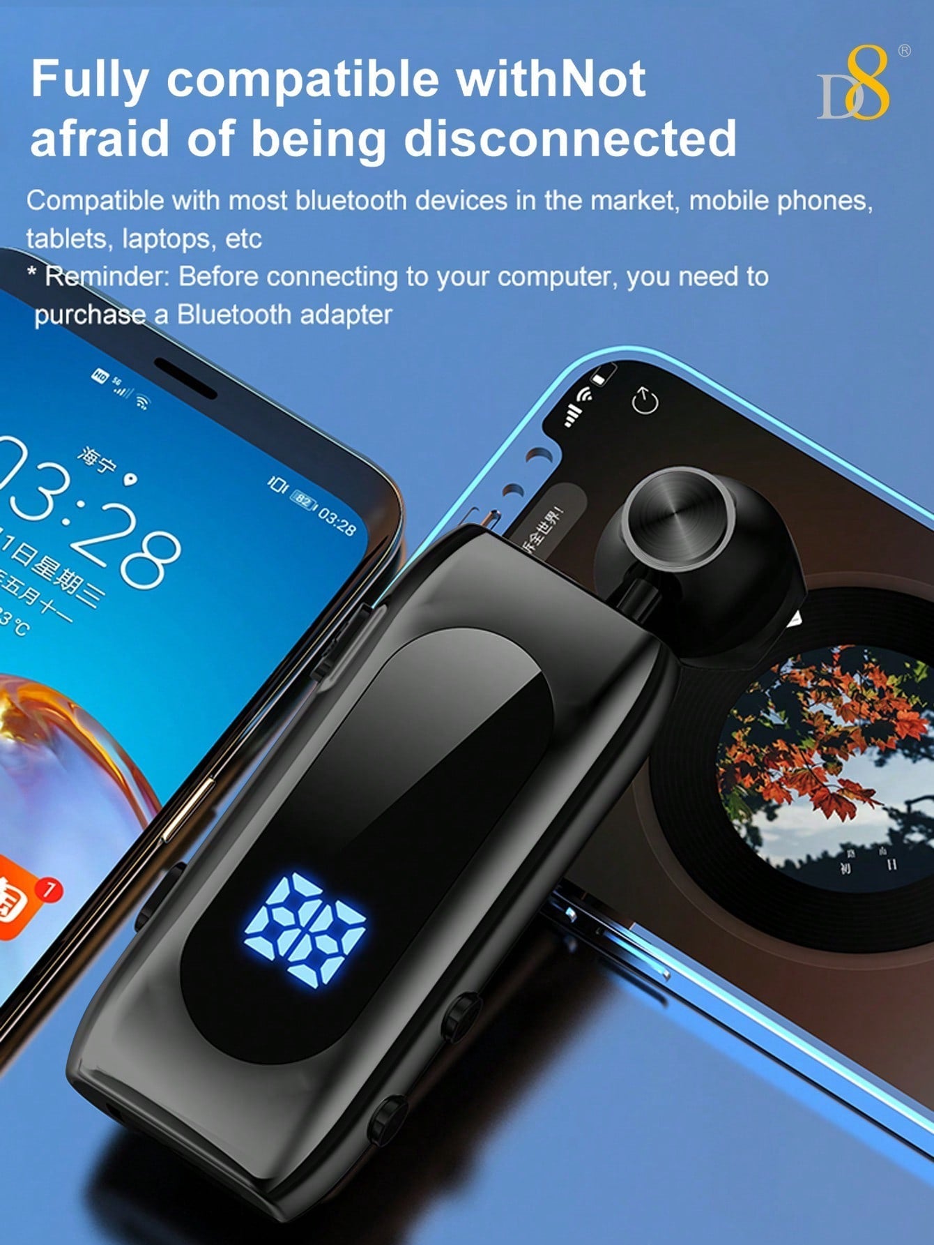 D8 Retractable Wireless Headset, LED Display, Noise-Canceling, 20H Talk