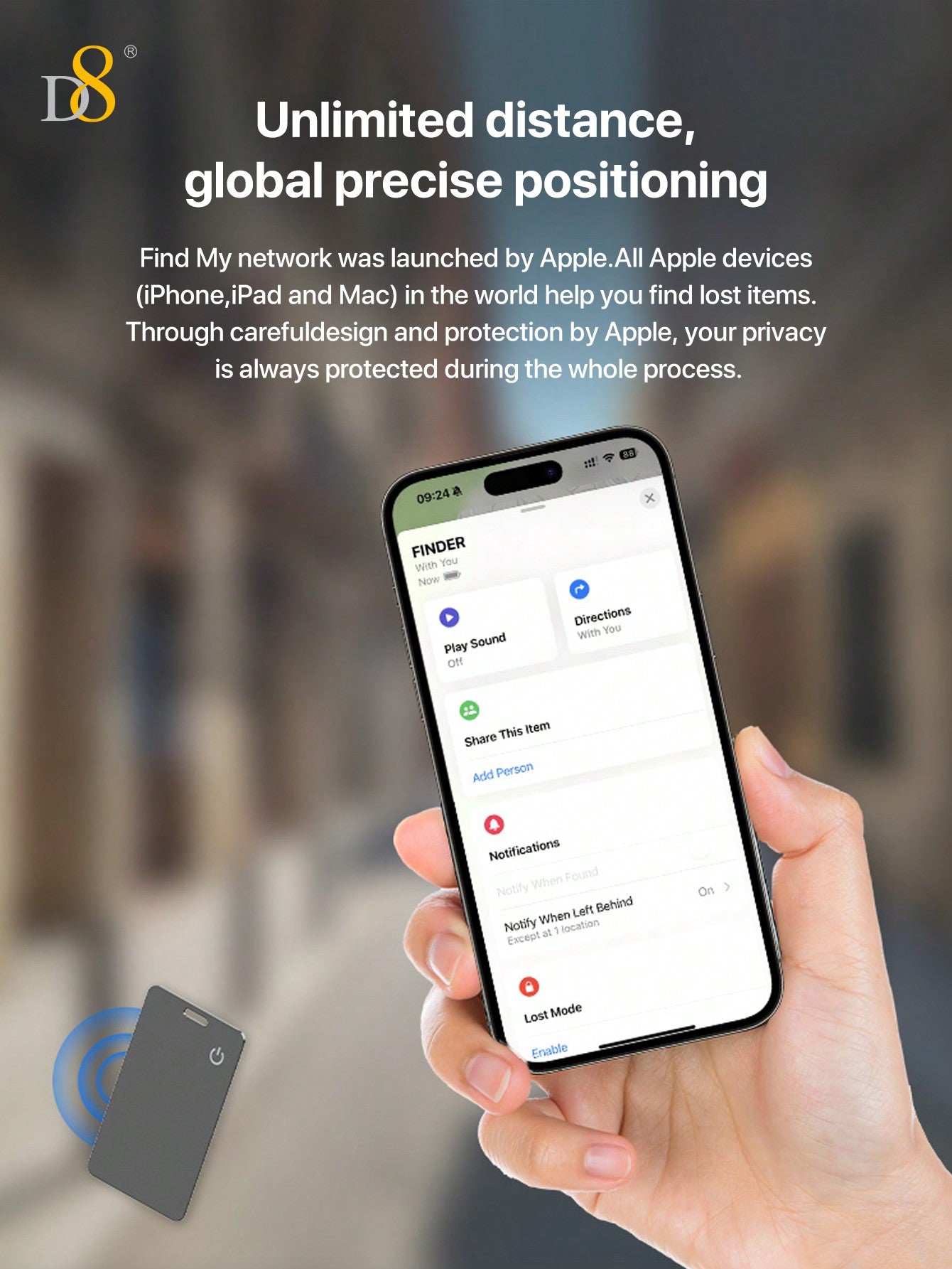 D8 Wallet Tracker Card, Wireless Charging, Apple MFi Certified, IP67 Waterproof