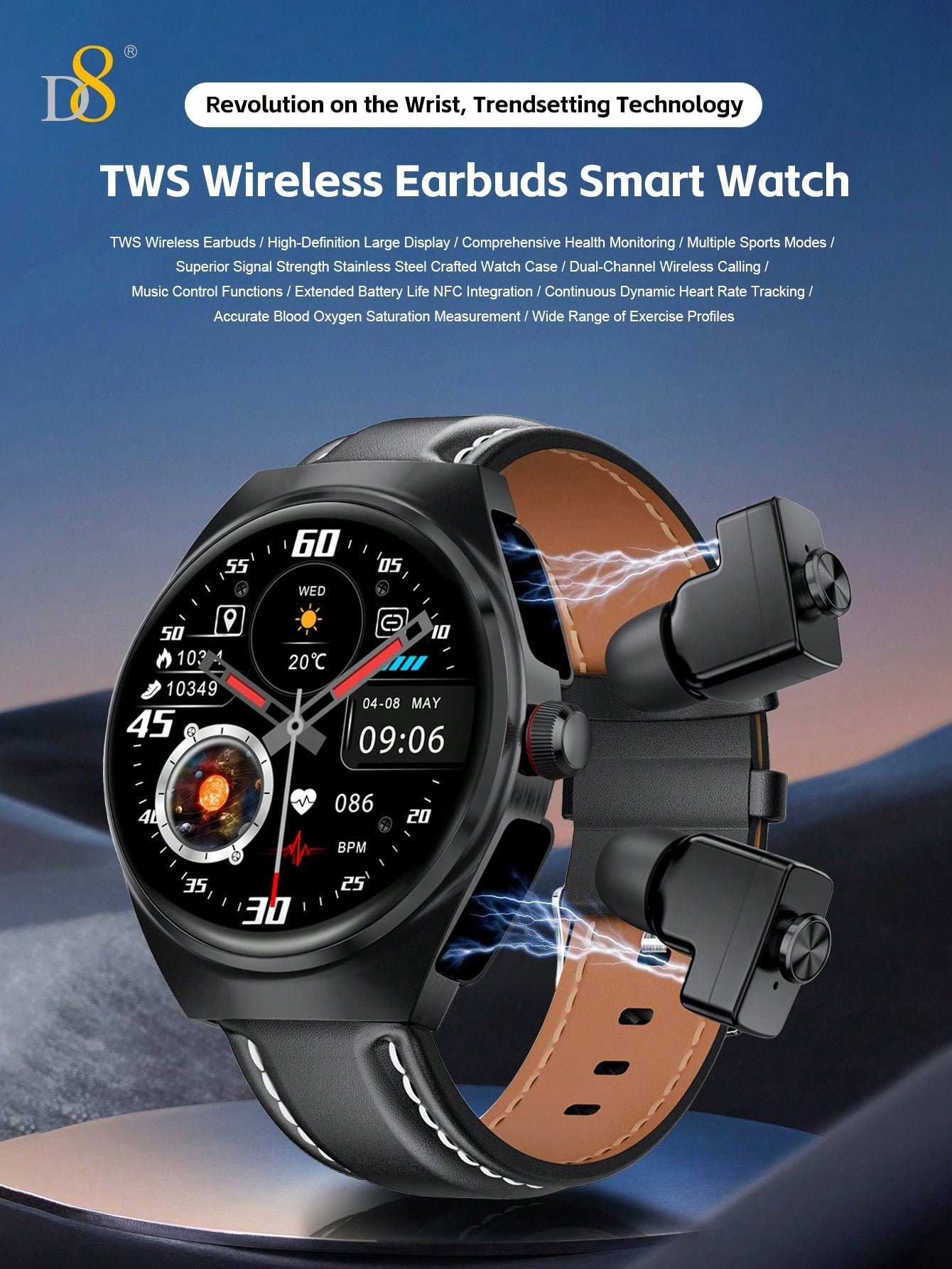 D8 Smartwatch with Earbuds, 1.53" HD Touch, Calls, Fitness & Sleep Tracker