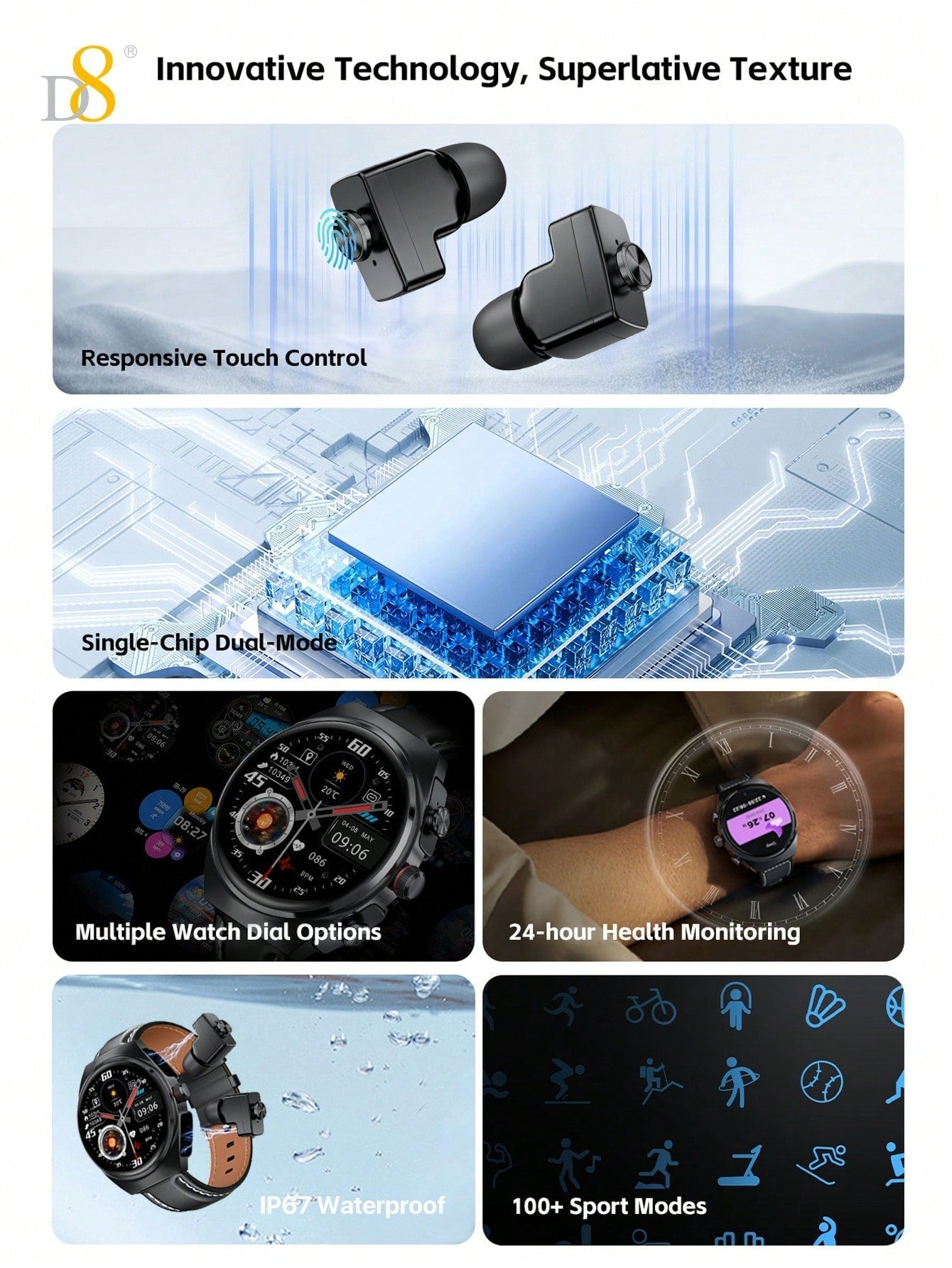 D8 Smartwatch with Earbuds, 1.53" HD Touch, Calls, Fitness & Sleep Tracker