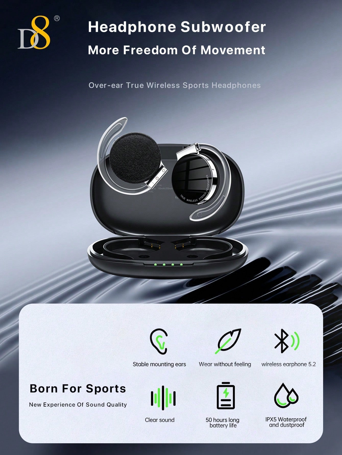 D8 Open-Ear Wireless Headphones, Bass Stereo, 15H Playtime, Waterproof Mic
