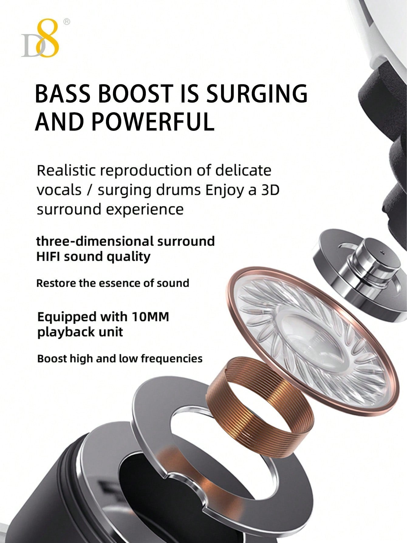 D8 Wireless Earbuds, HiFi Stereo, 5H Playtime, LED Display, iPhone/Android