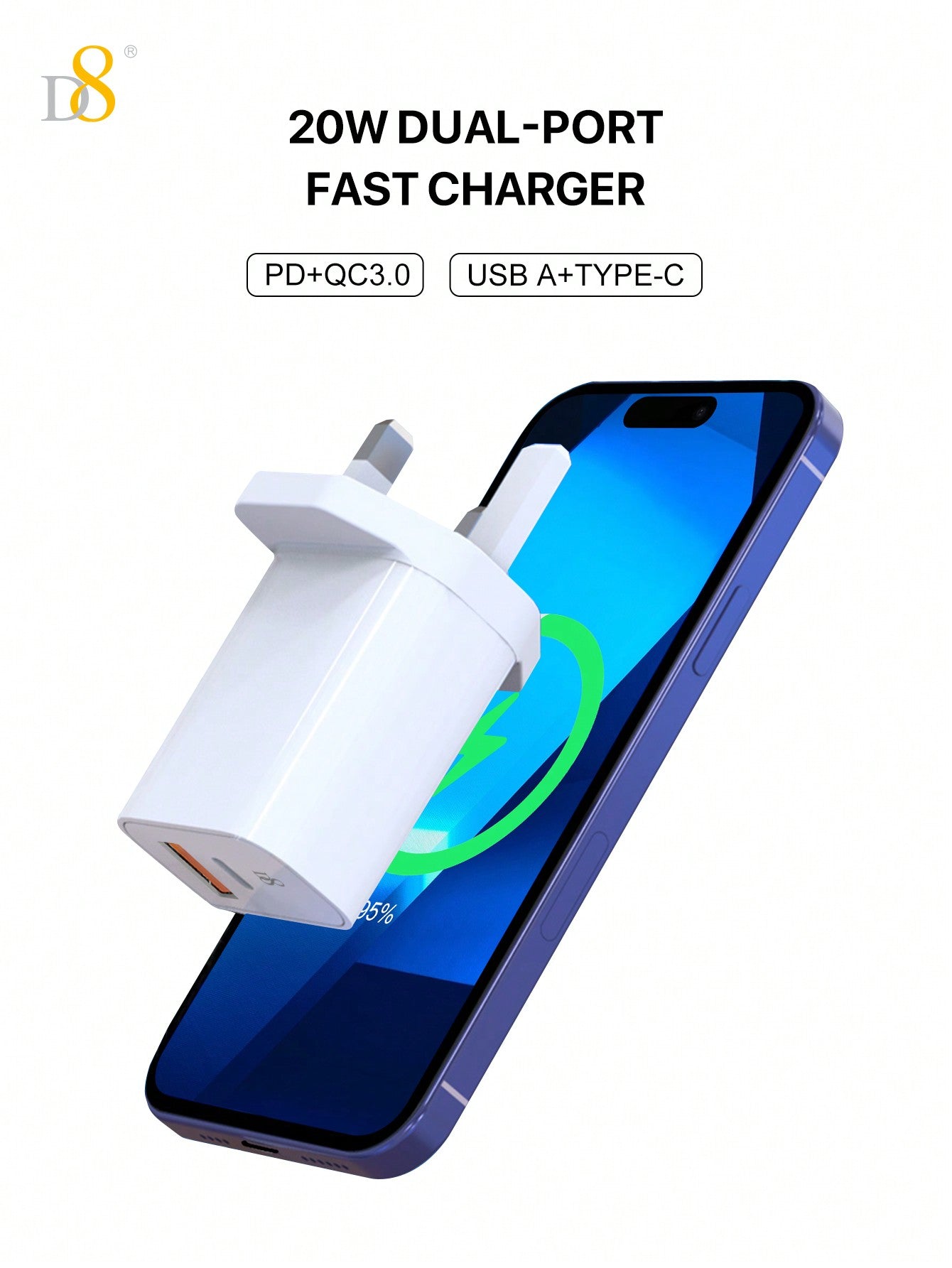 D8 20W USB C Charger Block - Dual Port PD & QC 3.0 Wall Adapter for iPhone 15, iPad, Galaxy