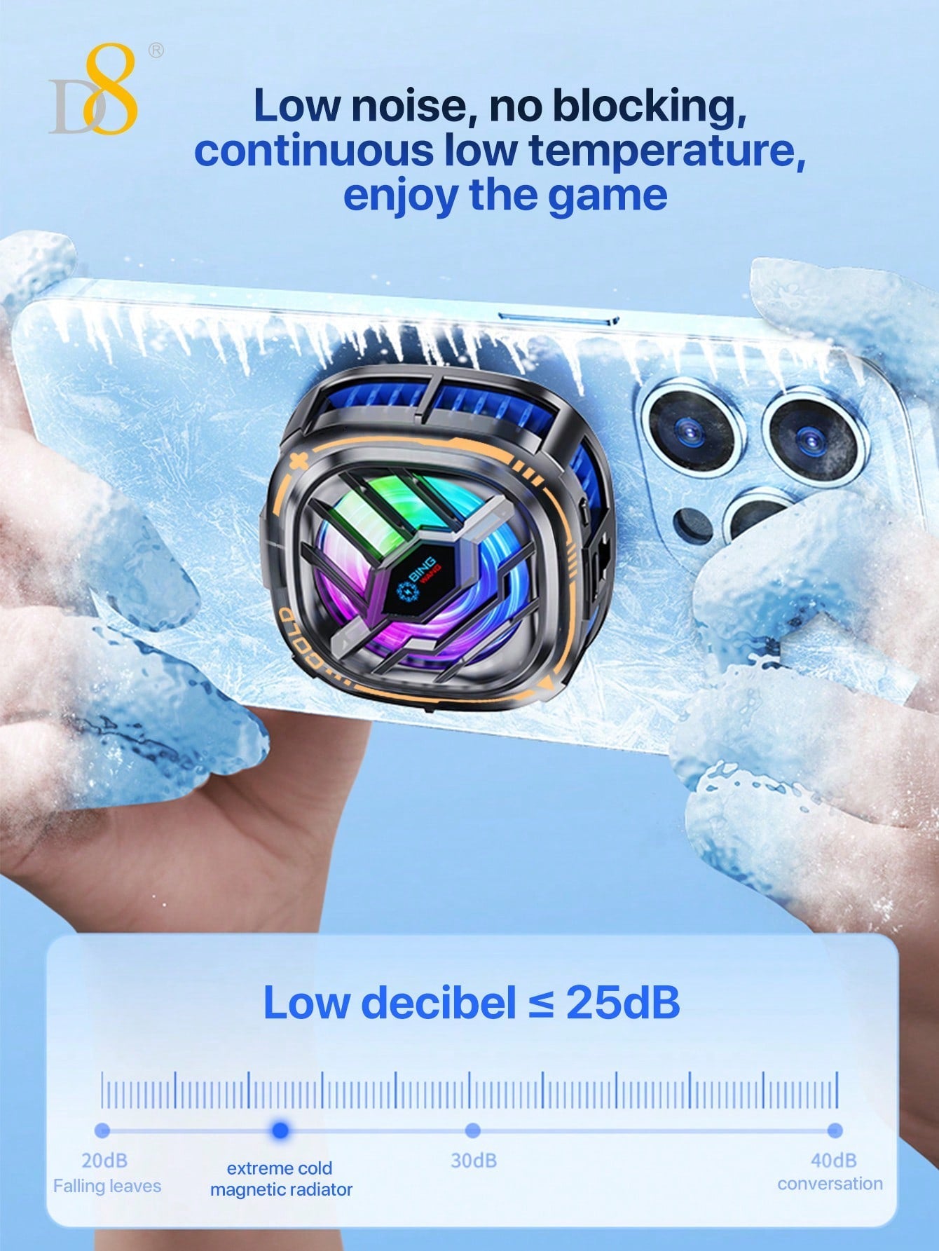 D8 Phone Cooler, Dual Semiconductor, 6-8cm Phones, Live Streaming & Gaming