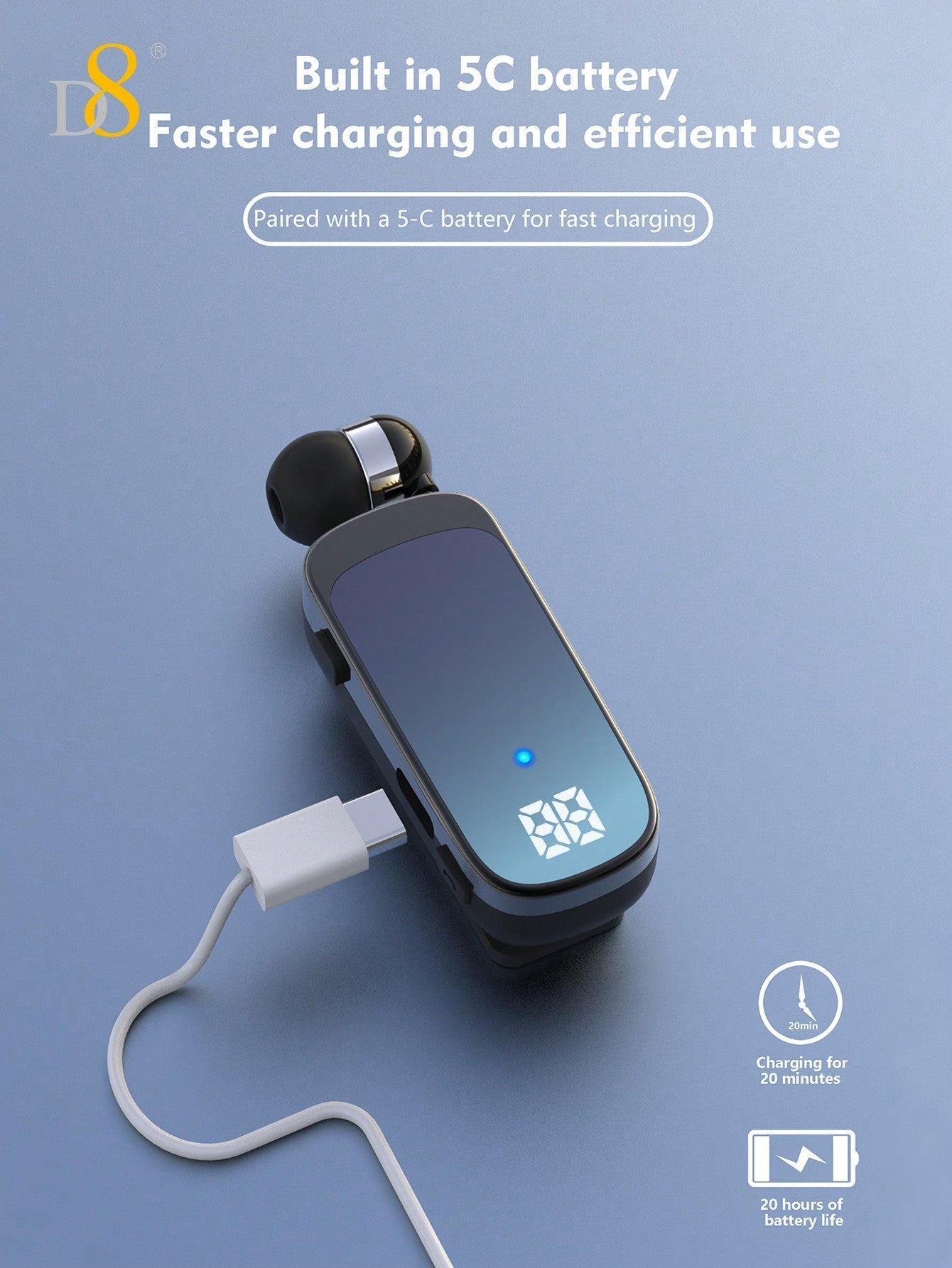 D8 Retractable Wireless Headset ,LED Display Over-Ear Buds,Headphone Stereo Earphone Noise Cancelling Mic Clip On Earpiece Comfortable HandsFree Headset 20Hrs Talking Time Sports Business Trucker Driver Earbud