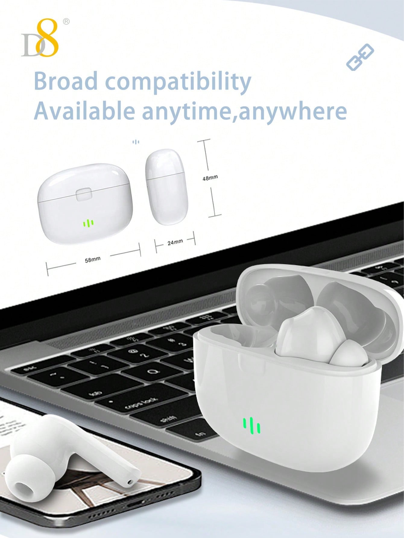 D8 Wireless Earbuds, Stereo Bass, 13mm Drivers, 4H Play, USB-C Charging