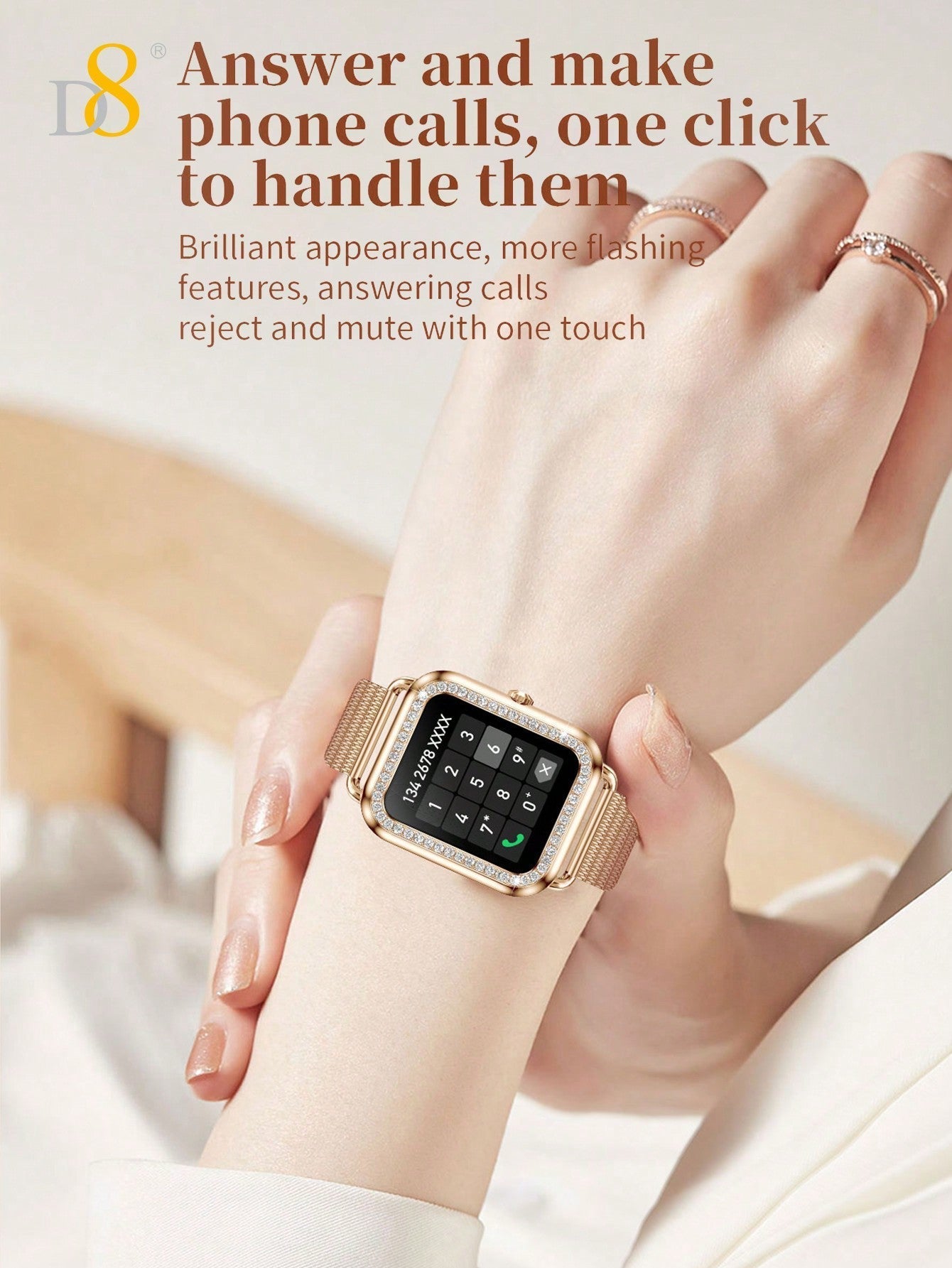 D8 Women's Smartwatch, 1.59", IP68 Waterproof, Diamond Bezel, 100+ Sports