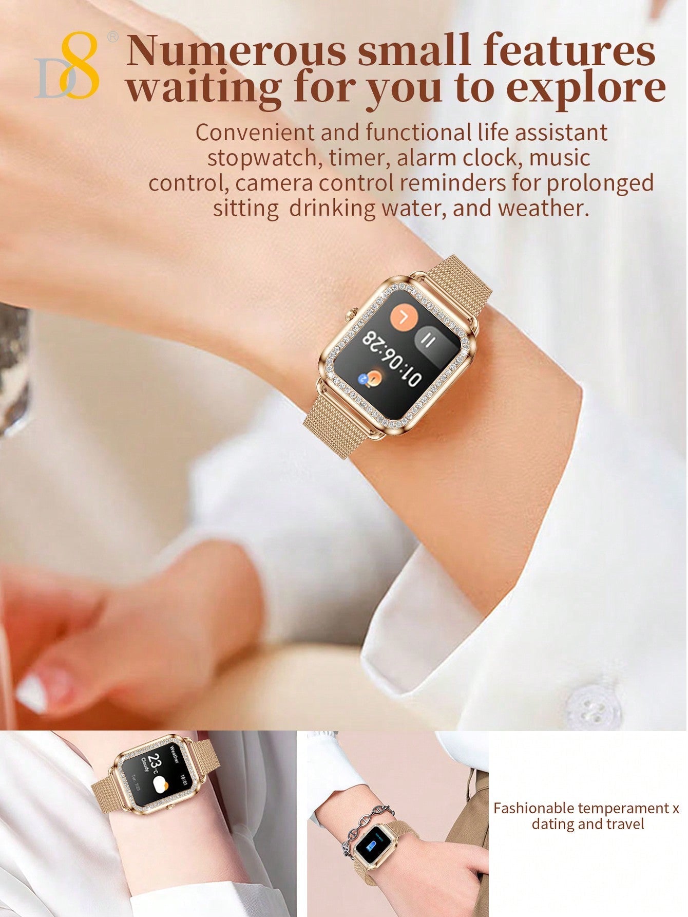 D8 Women's Smartwatch, 1.59", IP68 Waterproof, Diamond Bezel, 100+ Sports