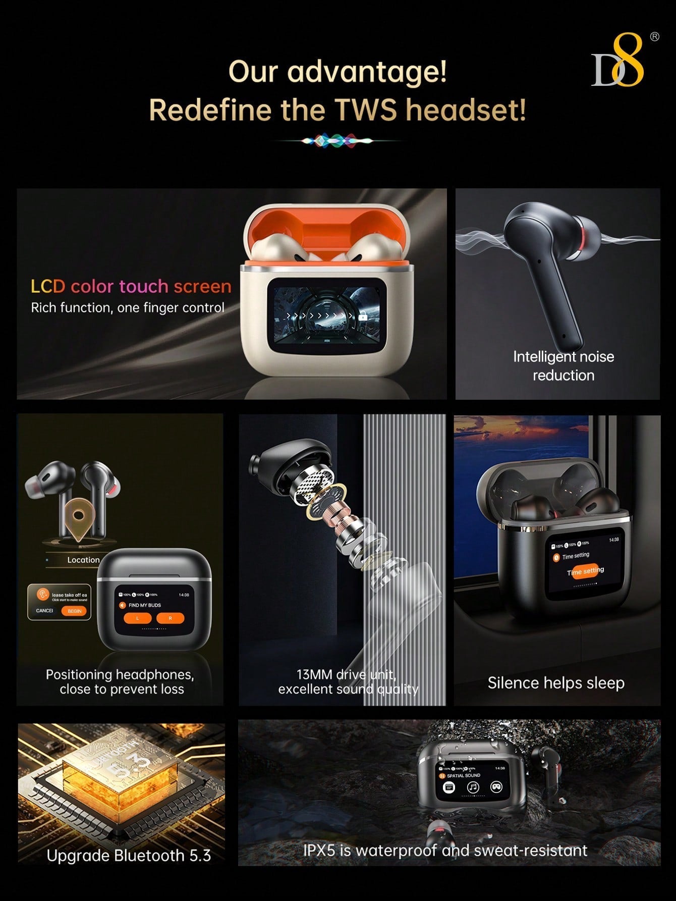 D8 Wireless Earbuds, LCD Touch, ANC & Transparency, BT 5.3, 40H Playtime